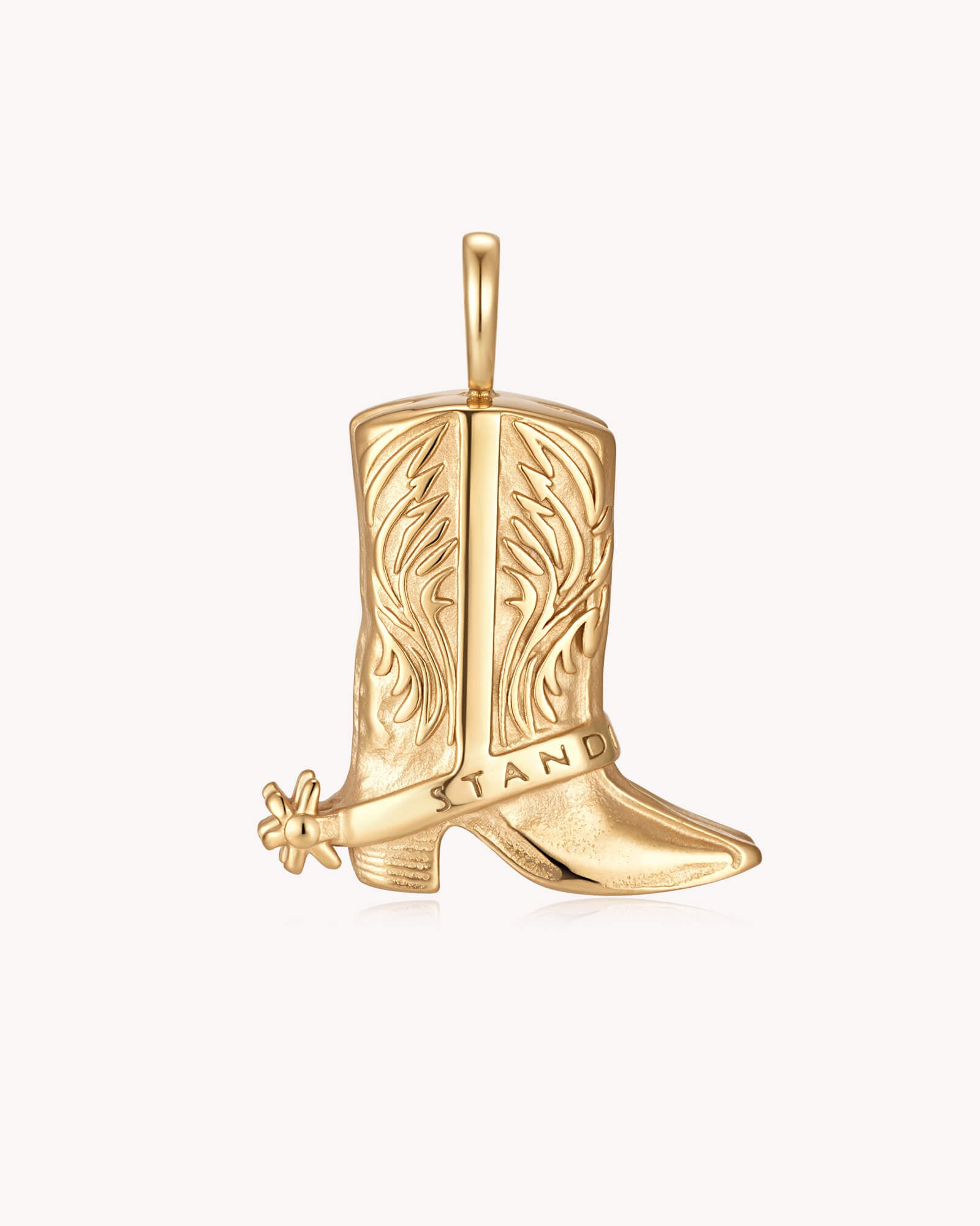 Reverse side of Standing Firm 1 Peter 5:9 Gold Cowboy Boot Pendant
