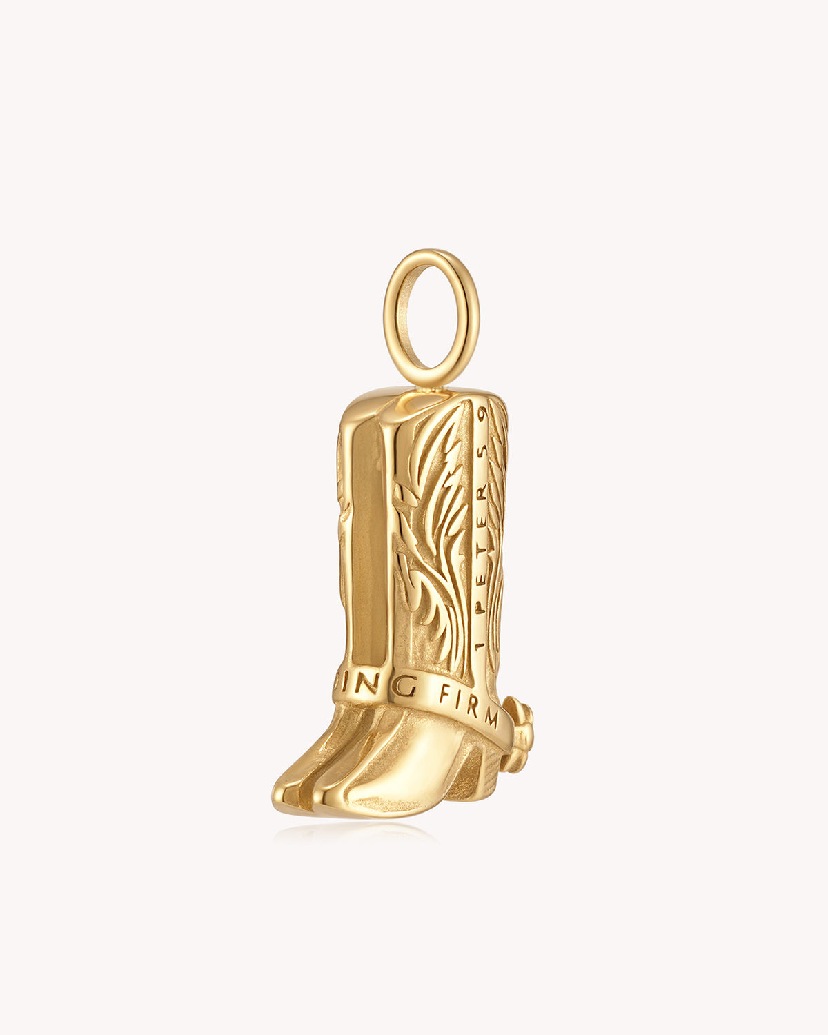Angled view of Standing Firm 1 Peter 5:9 Gold Cowboy Boots Pendant