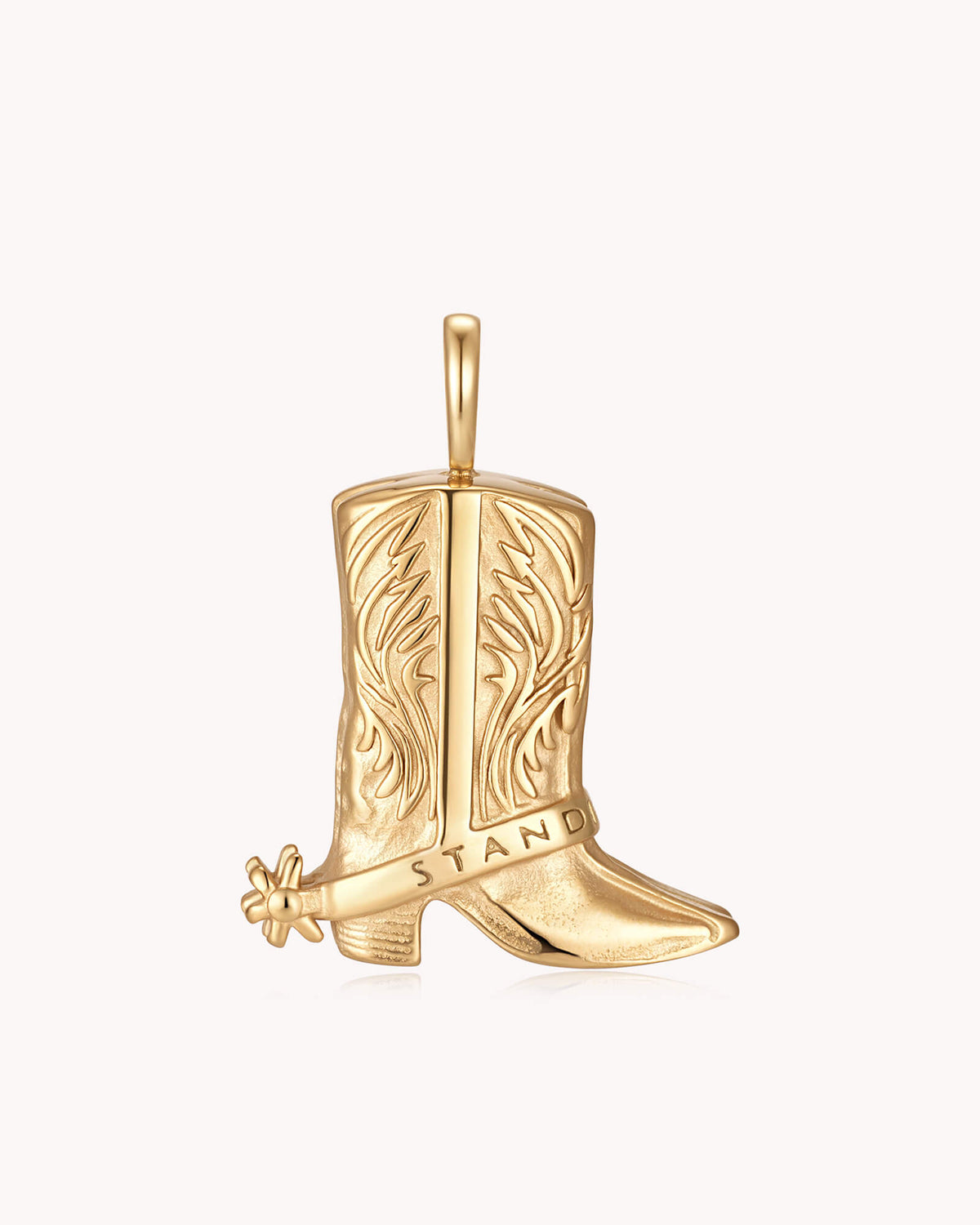 Reverse side of Standing Firm 1 Peter 5:9 Gold Cowboy Boots Pendant