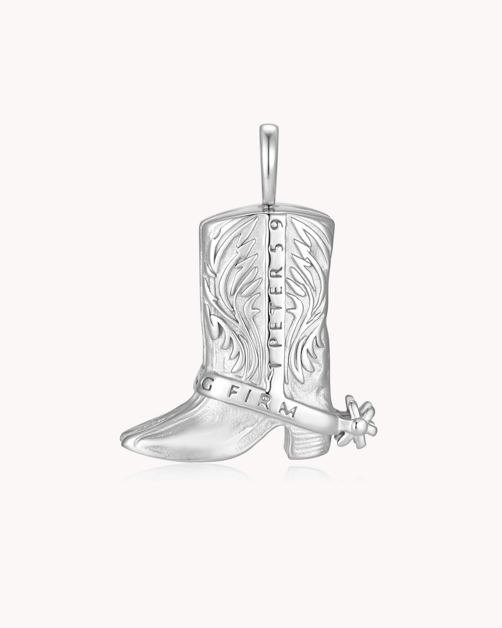 Standing Firm 1 Peter 5:9 White Gold Cowboy Boot Pendant