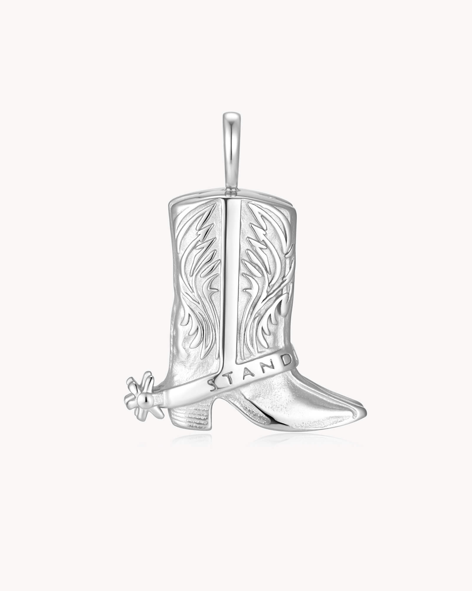 Reverse side of Standing Firm 1 Peter 5:9 White Gold Cowboy Boot Pendant
