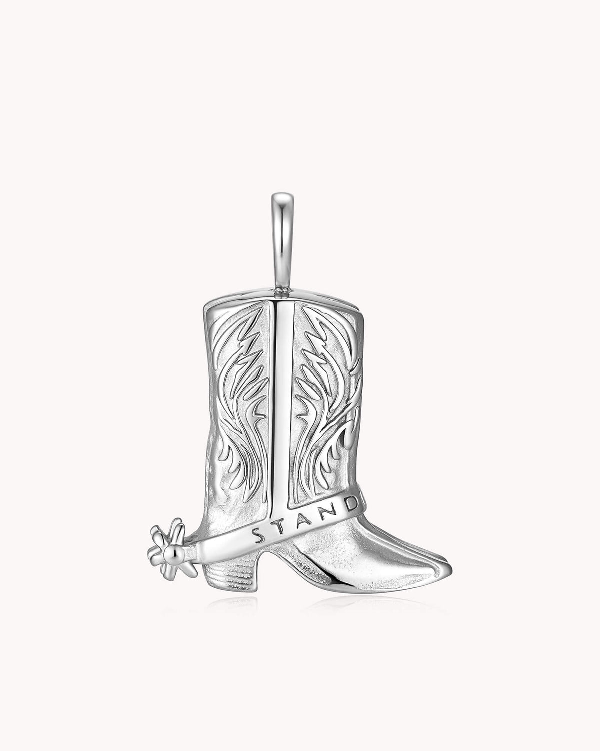 Reverse side of Standing Firm 1 Peter 5:9 White Gold Cowboy Boots Pendant