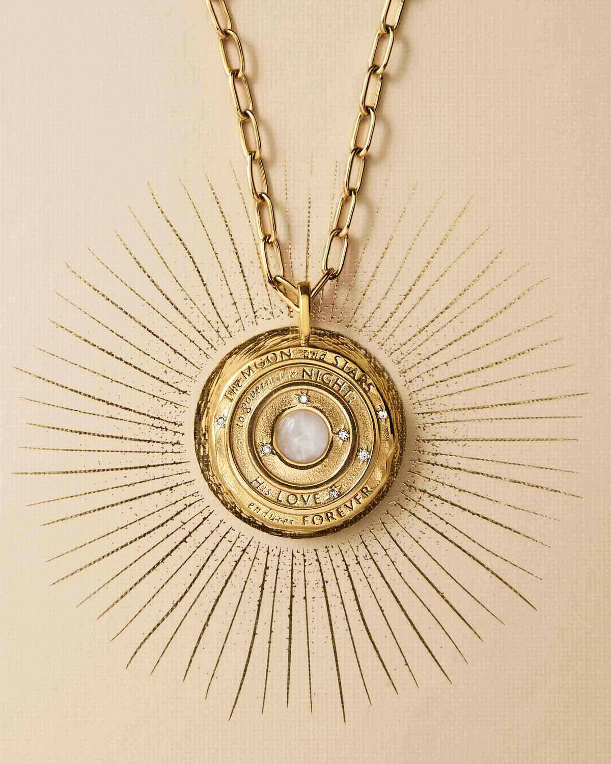 The Moon and Stars Psalm 136:9 Gold Moonstone Medallion Still Life image