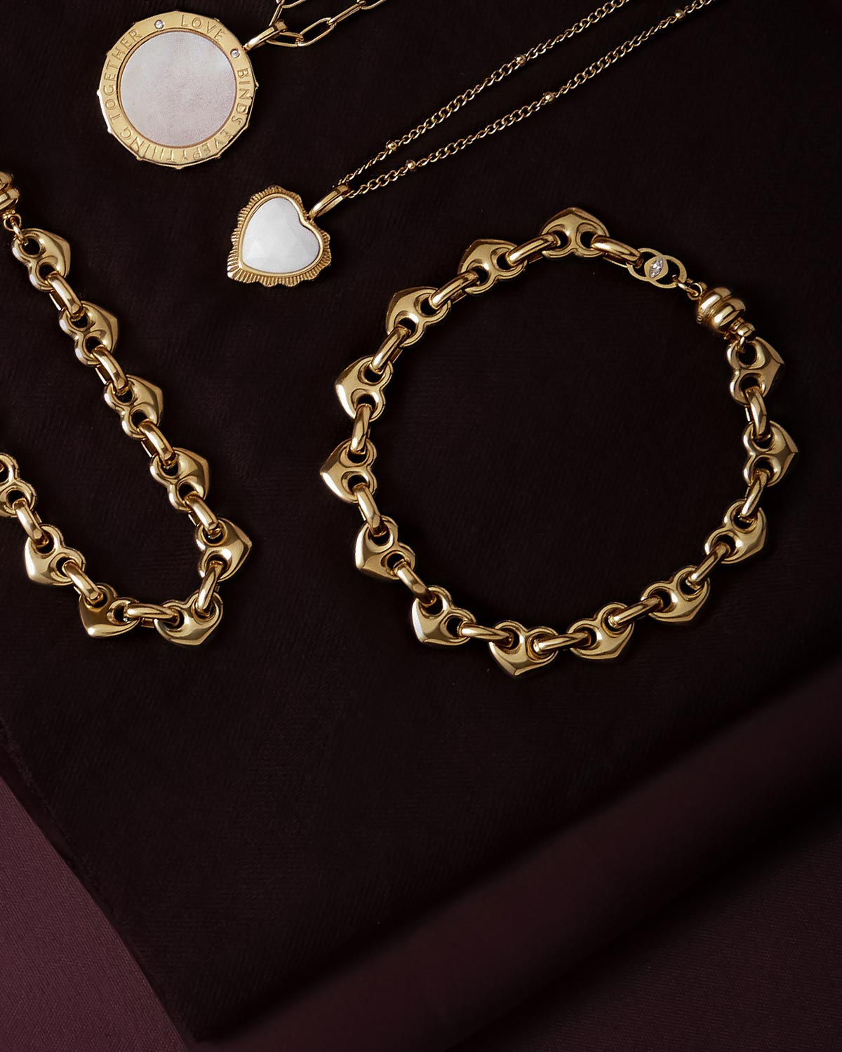 Colossians 3:14 Gold Heart Mariner Chains in styled setting