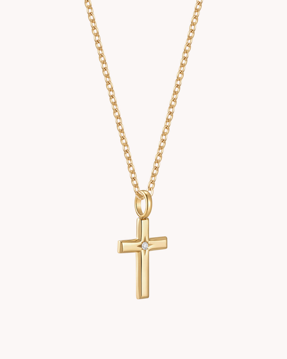 Angled view of Gold Bright Morning Star Cross Cable Chain Necklace