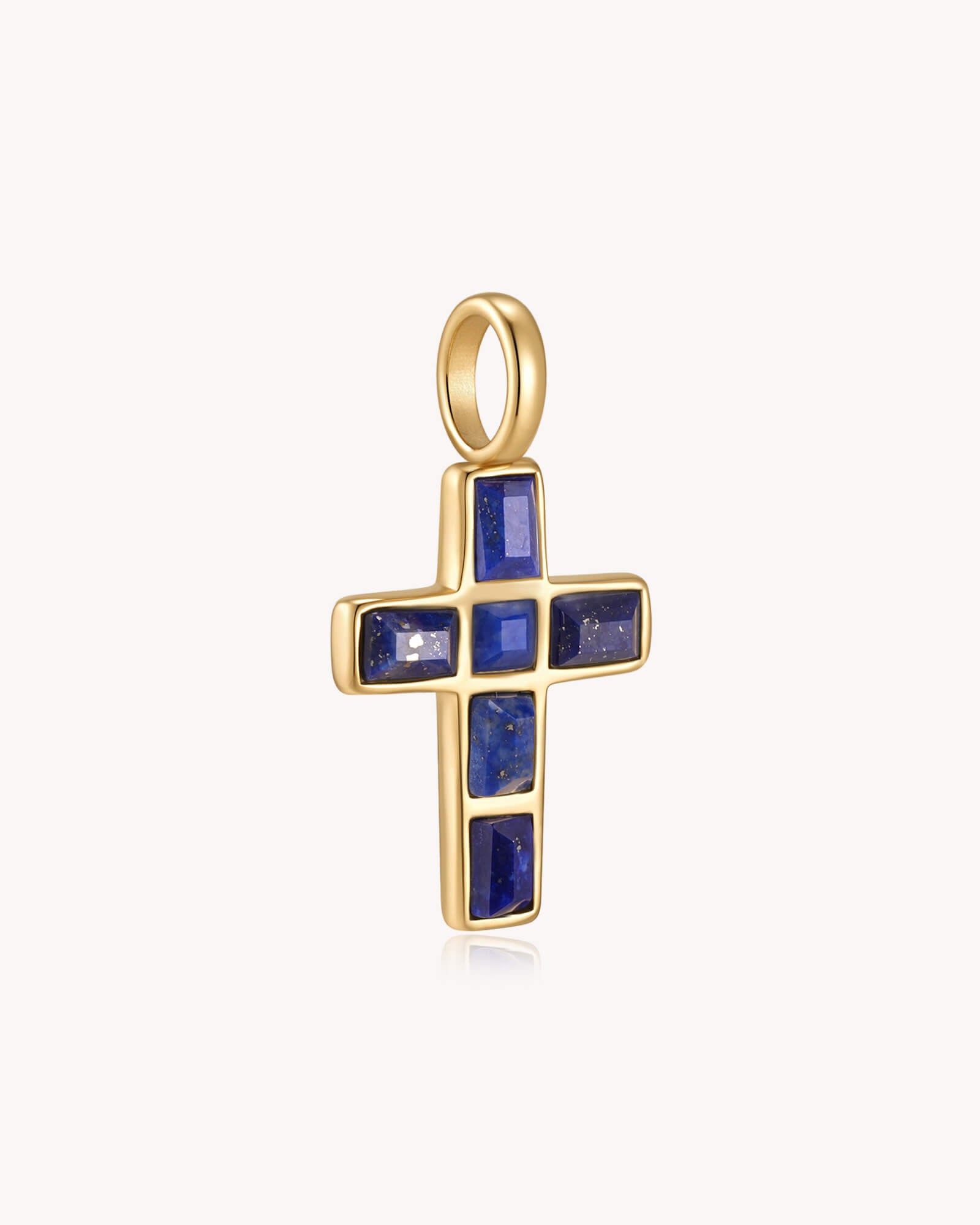 Angled view of Gold Lapis Lazuli Cross Pendant