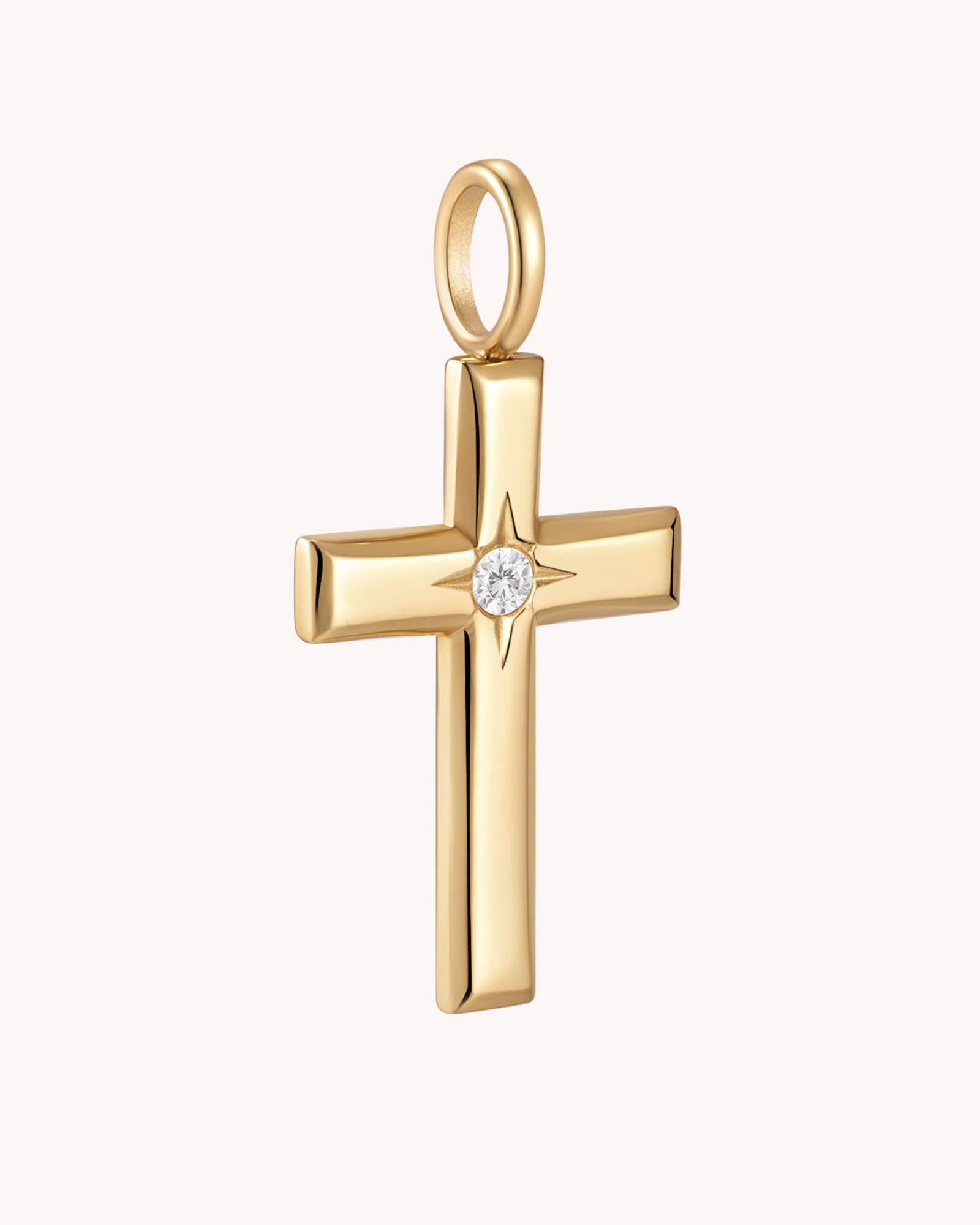 Angled view of The Bright Morning Star Large Gold Cross Pendant