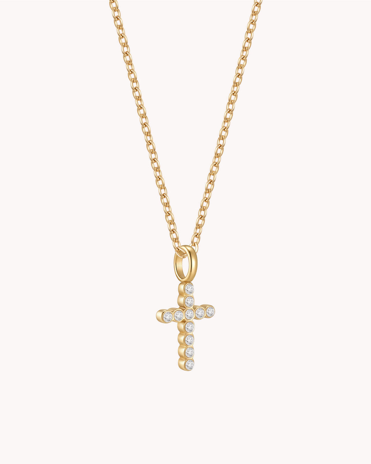Angled view of Gold Refined CZ Cross Cable Chain Necklace