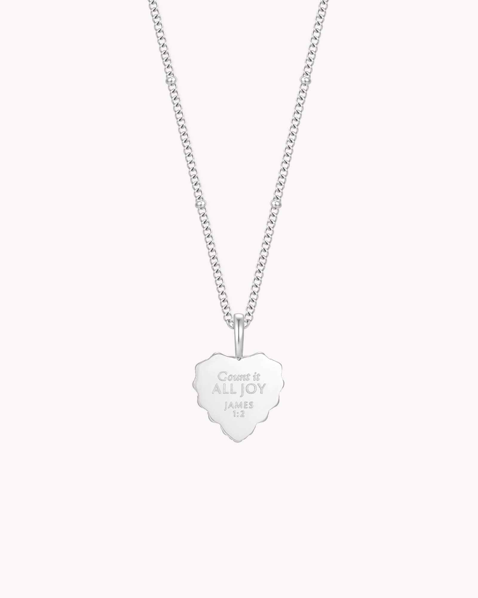 Back of James 1:2 Count It All Joy White Gold Heart Necklace