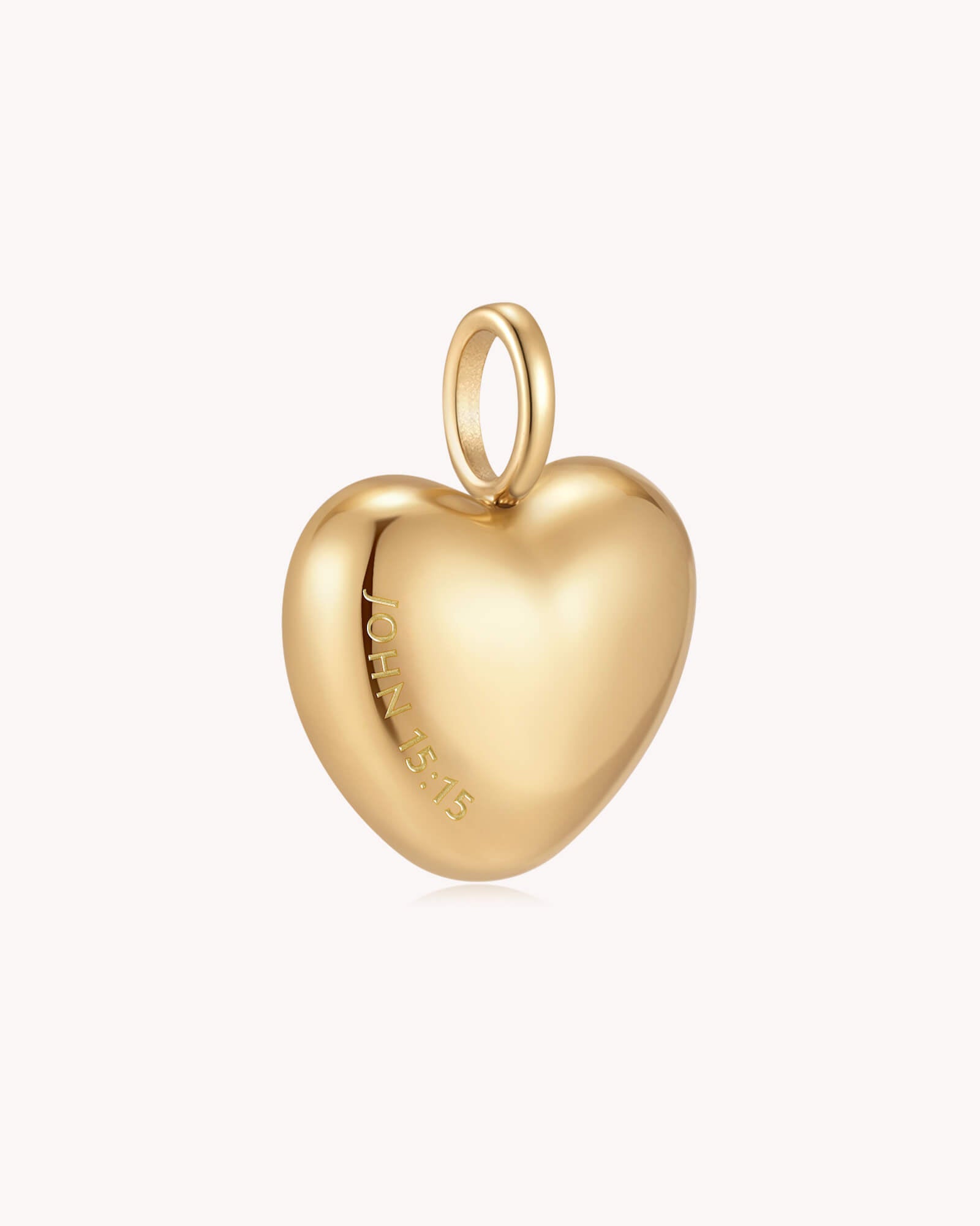 Angled view of I Have Called You Friends John 15:15 Gold Heart Pendant