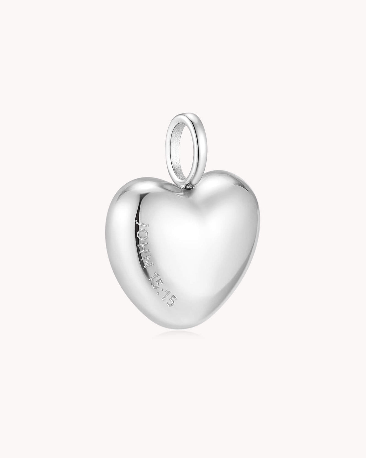 Angled view of I Have Called You Friends John 15:15 White Gold Heart Pendant