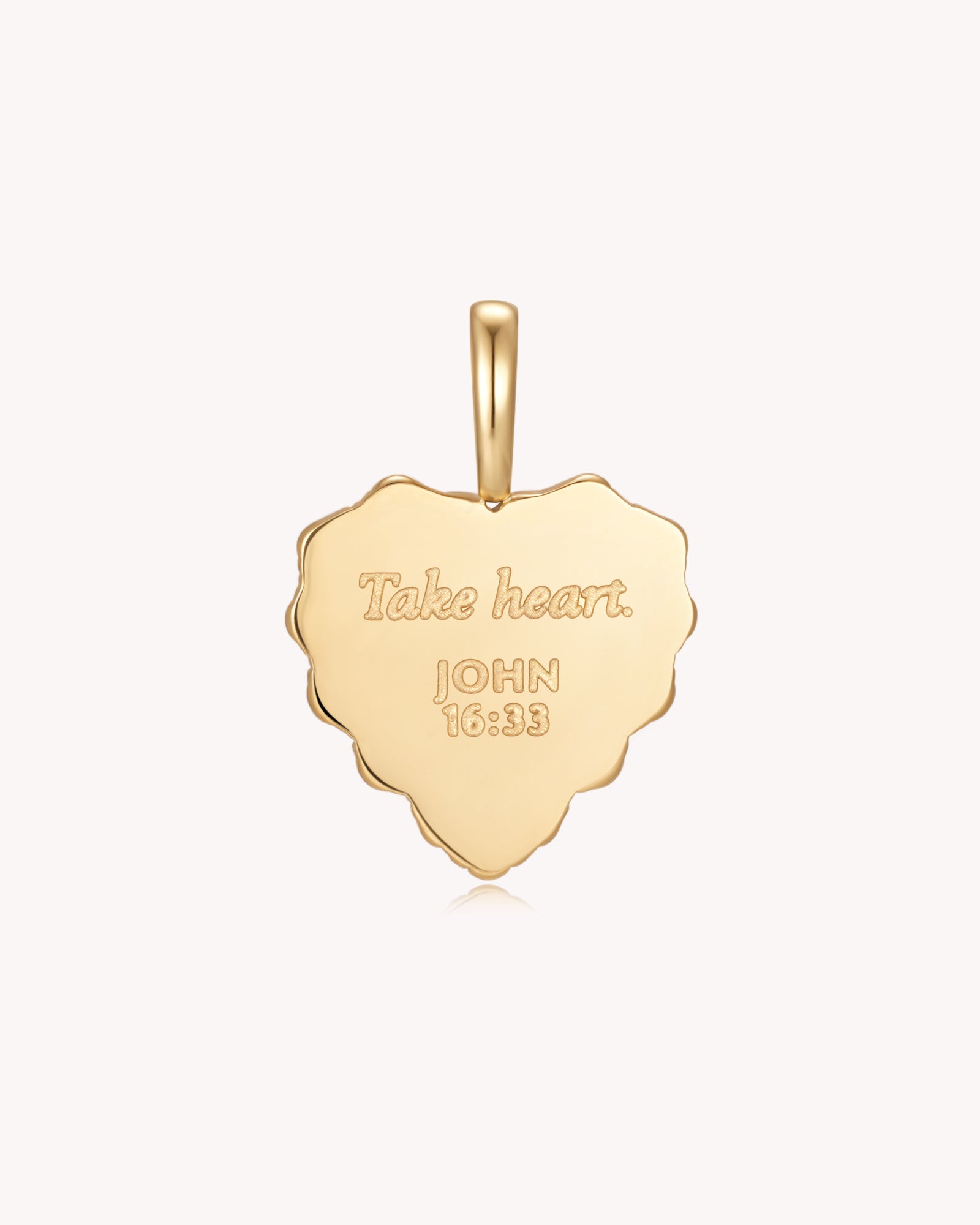 Back of Take Heart John 16:33 Gold White Onyx Heart Pendant