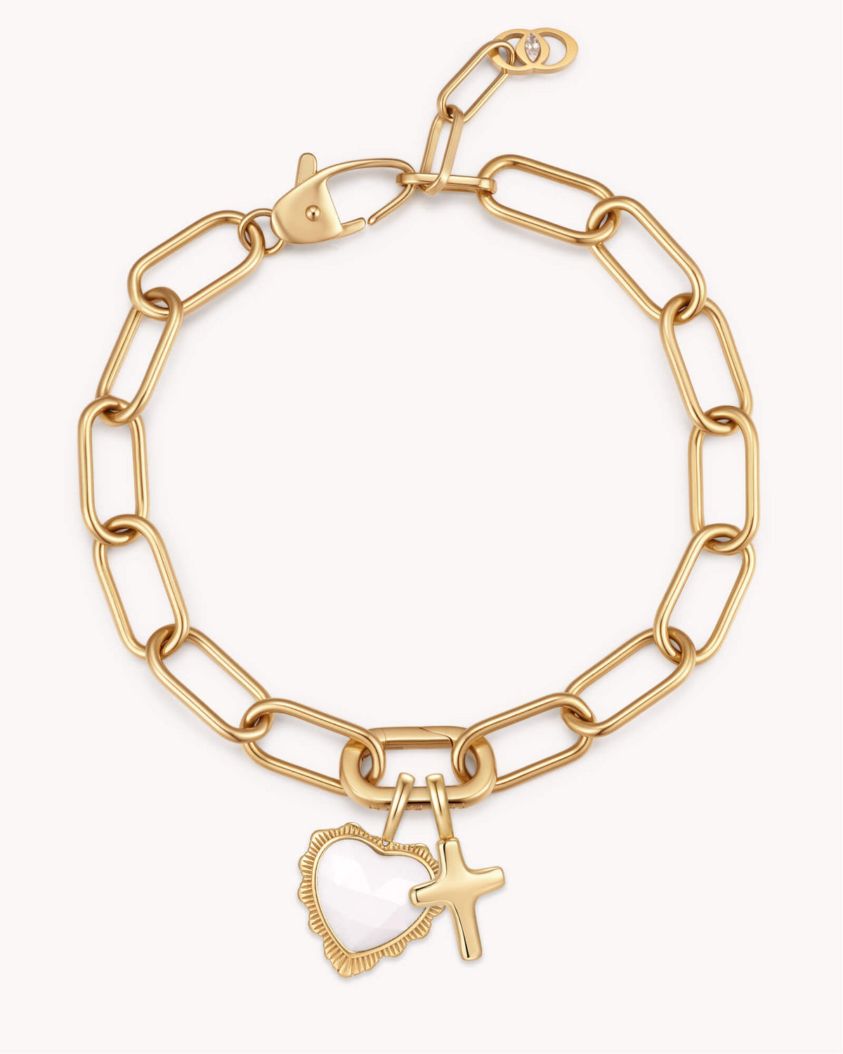 John 16:33 Take Heart Gold Heart Puff Cross Charm Bracelet