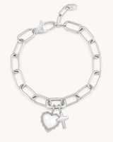 John 16:33 White Gold Heart Puff Cross Charm Bracelet