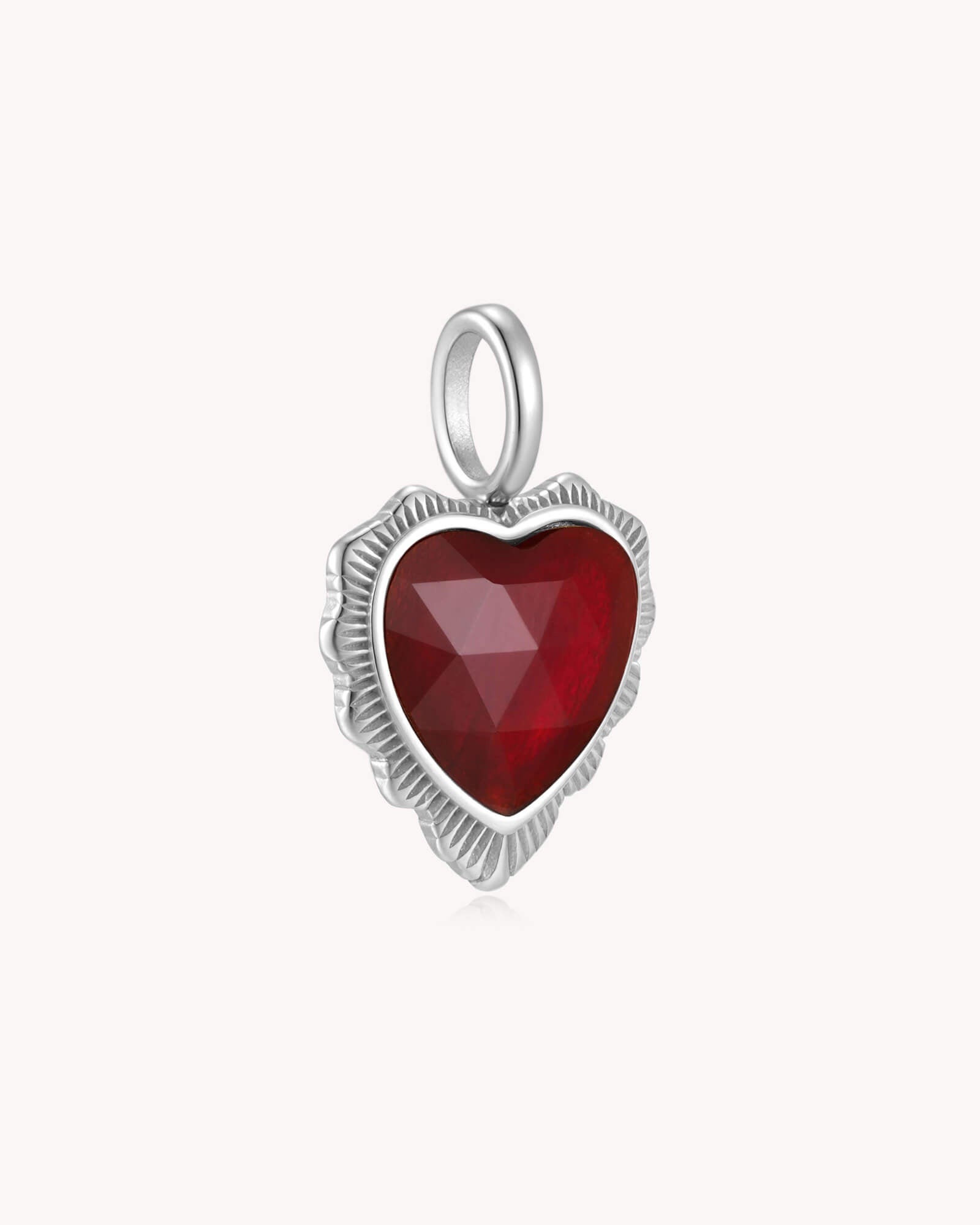 Angled view of So Loved John 3:16 White Gold Red Agate Heart Pendant