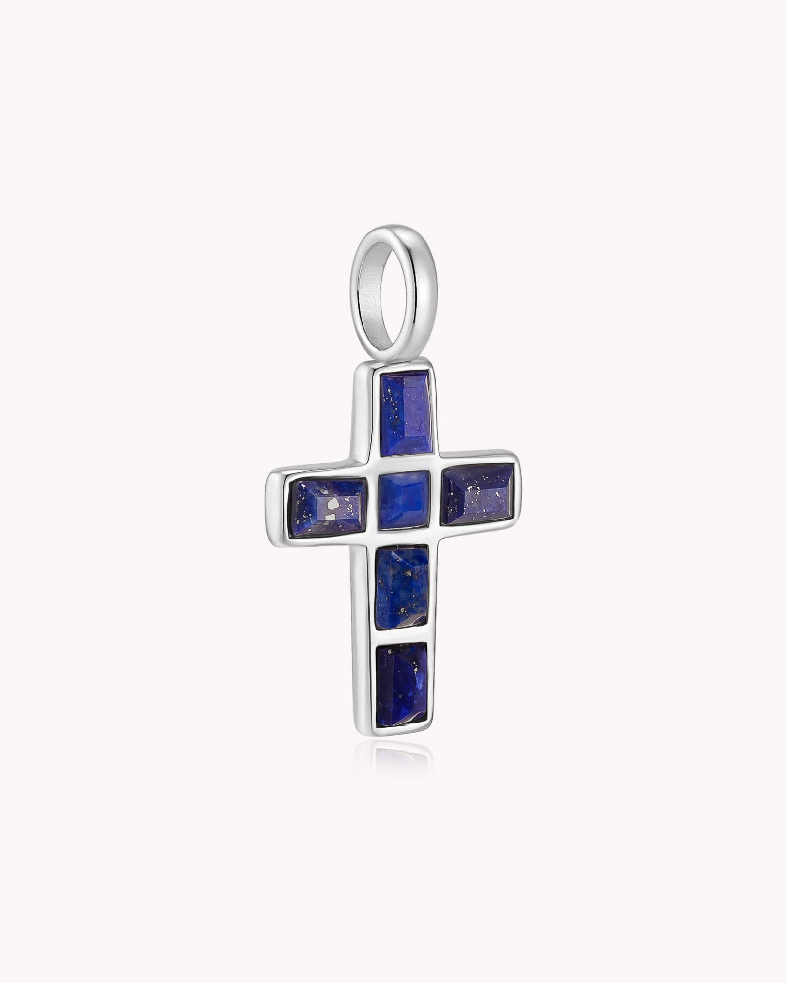 Angled view of Lapis Lazuli Mosaic White Gold Cross Pendant