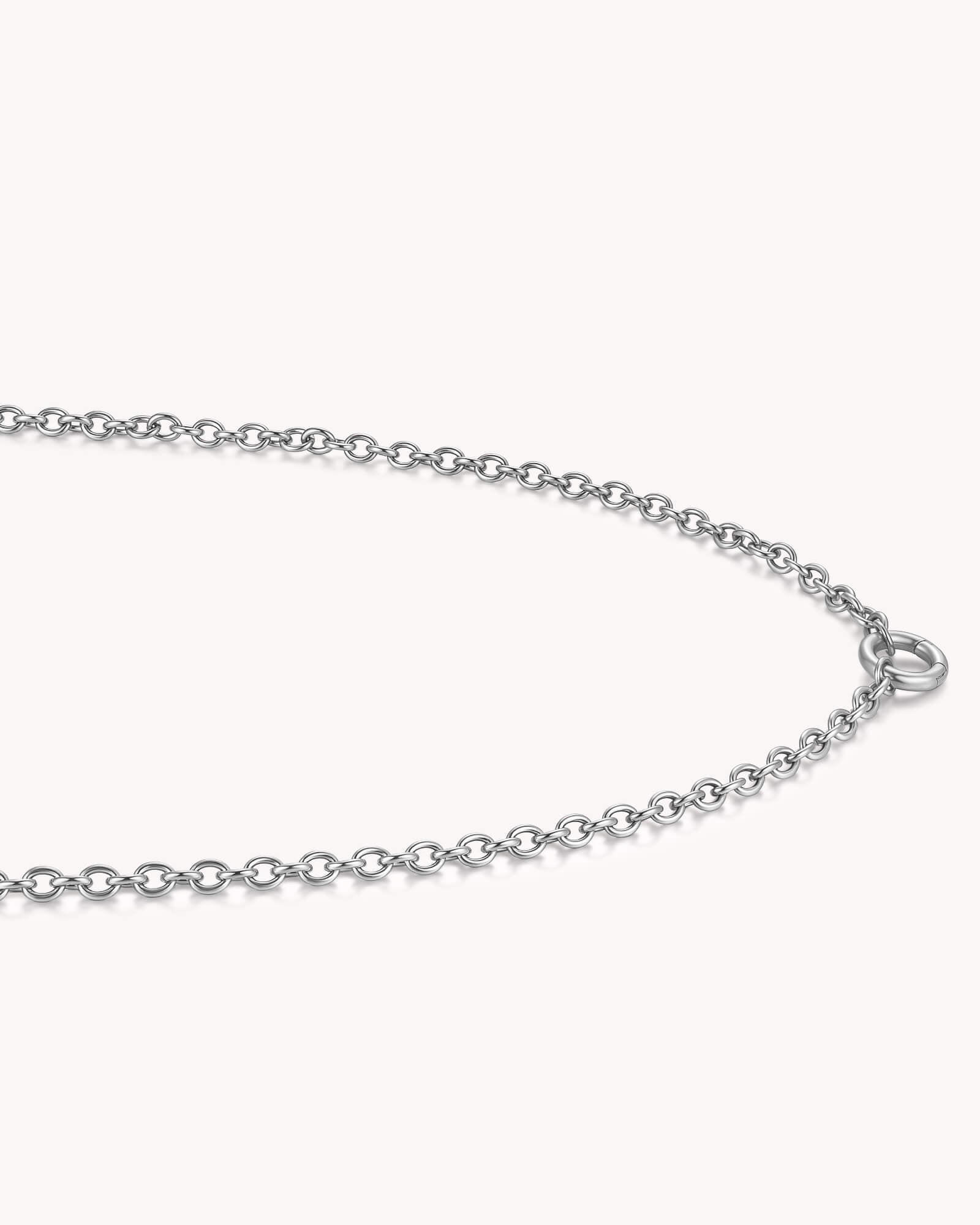 Angled view of Large Cable Chain Stainless Steel Necklace with Circle Annex Link