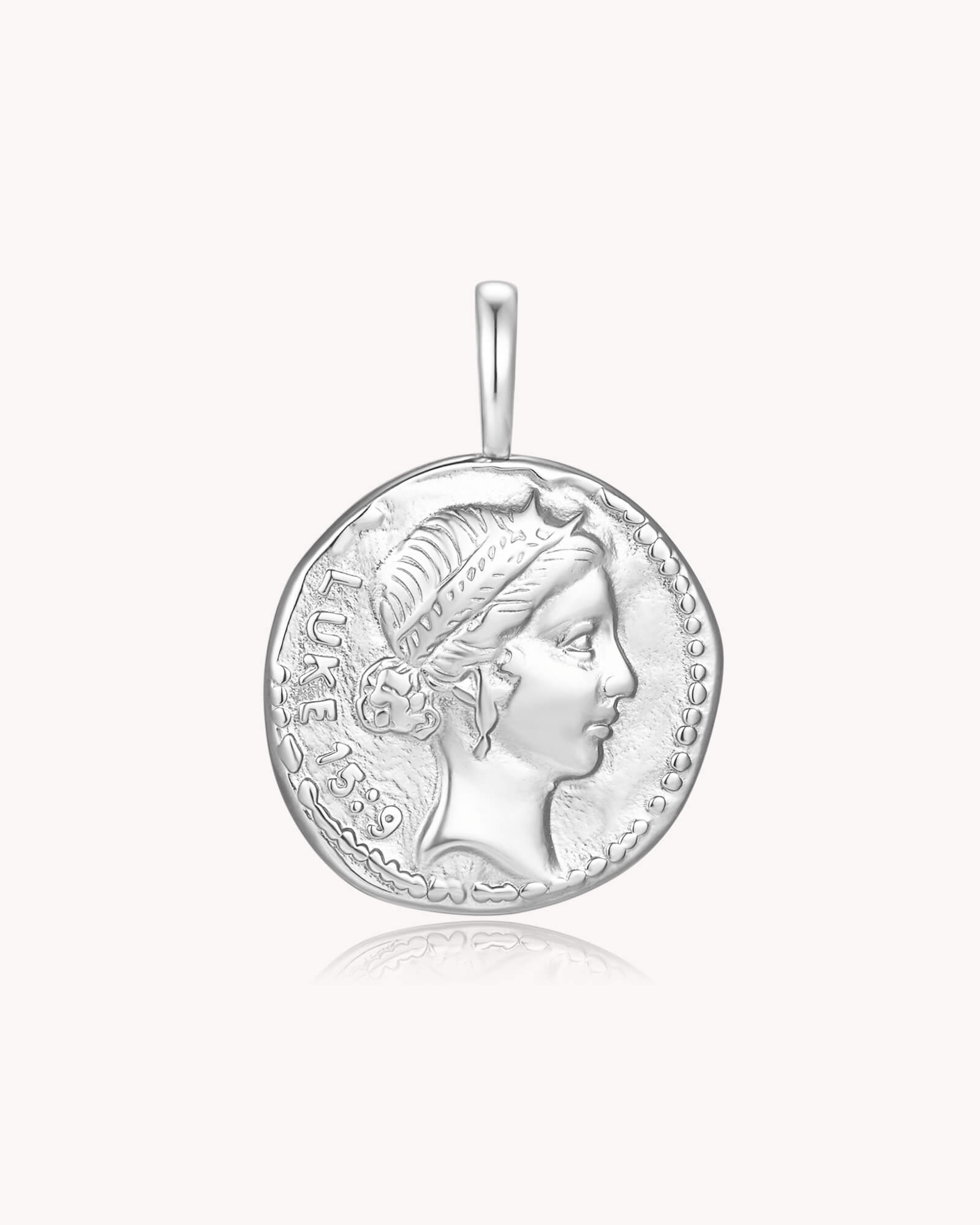 Back of FOUND Luke 15:9 White Gold Coin Pendant