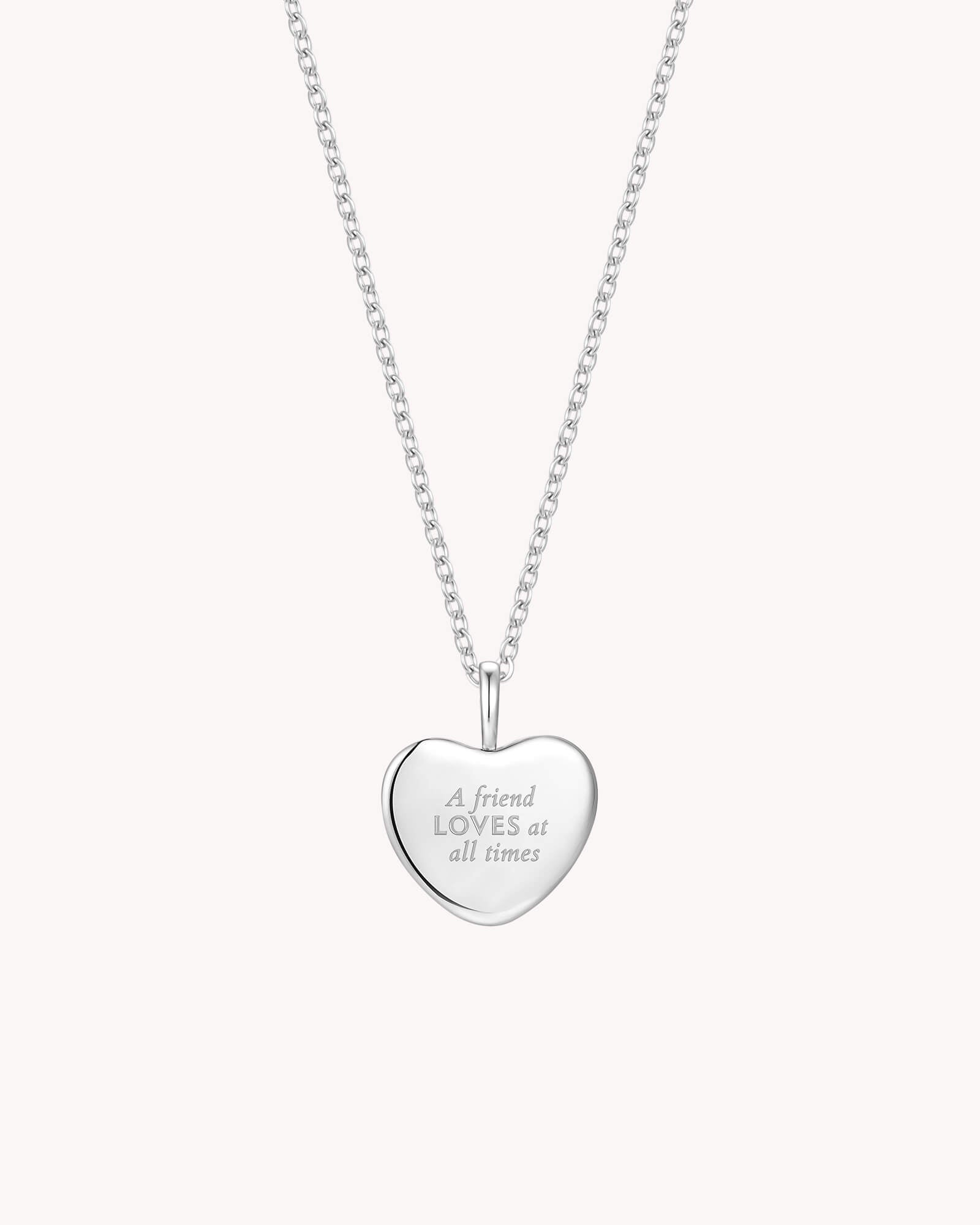 Back of Proverbs 17:17 A Friend Loves White Gold Heart Necklace