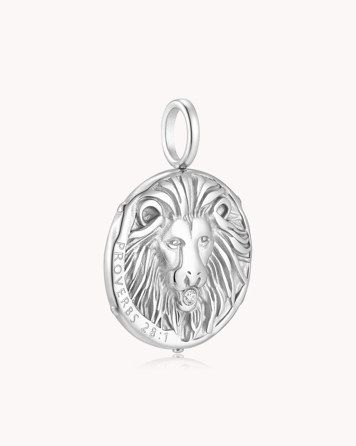 Angled view of Bold as a Lion Proverbs 28:1 White Gold Onyx Medallion