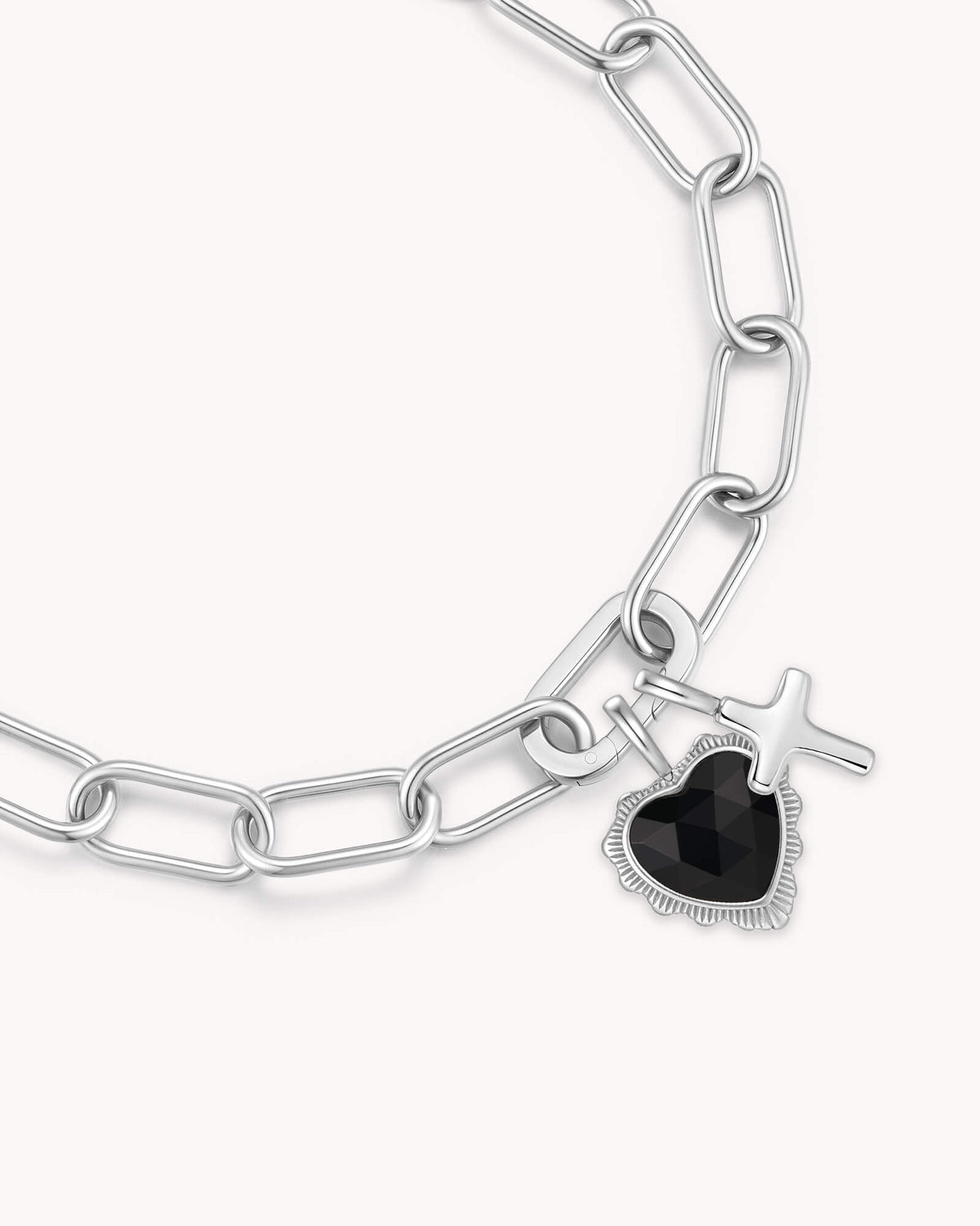 Close up of Proverbs 3:5-6 White Gold Heart Puff Cross Charm Bracelet