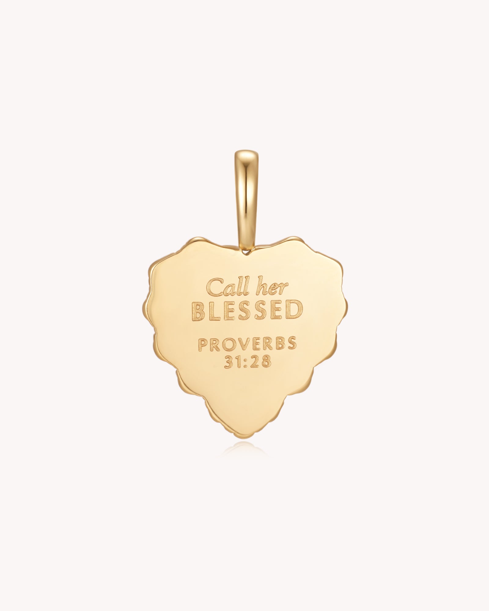 Back of Call Her Blessed Proverbs 31:28 Gold White Onyx Heart Pendant