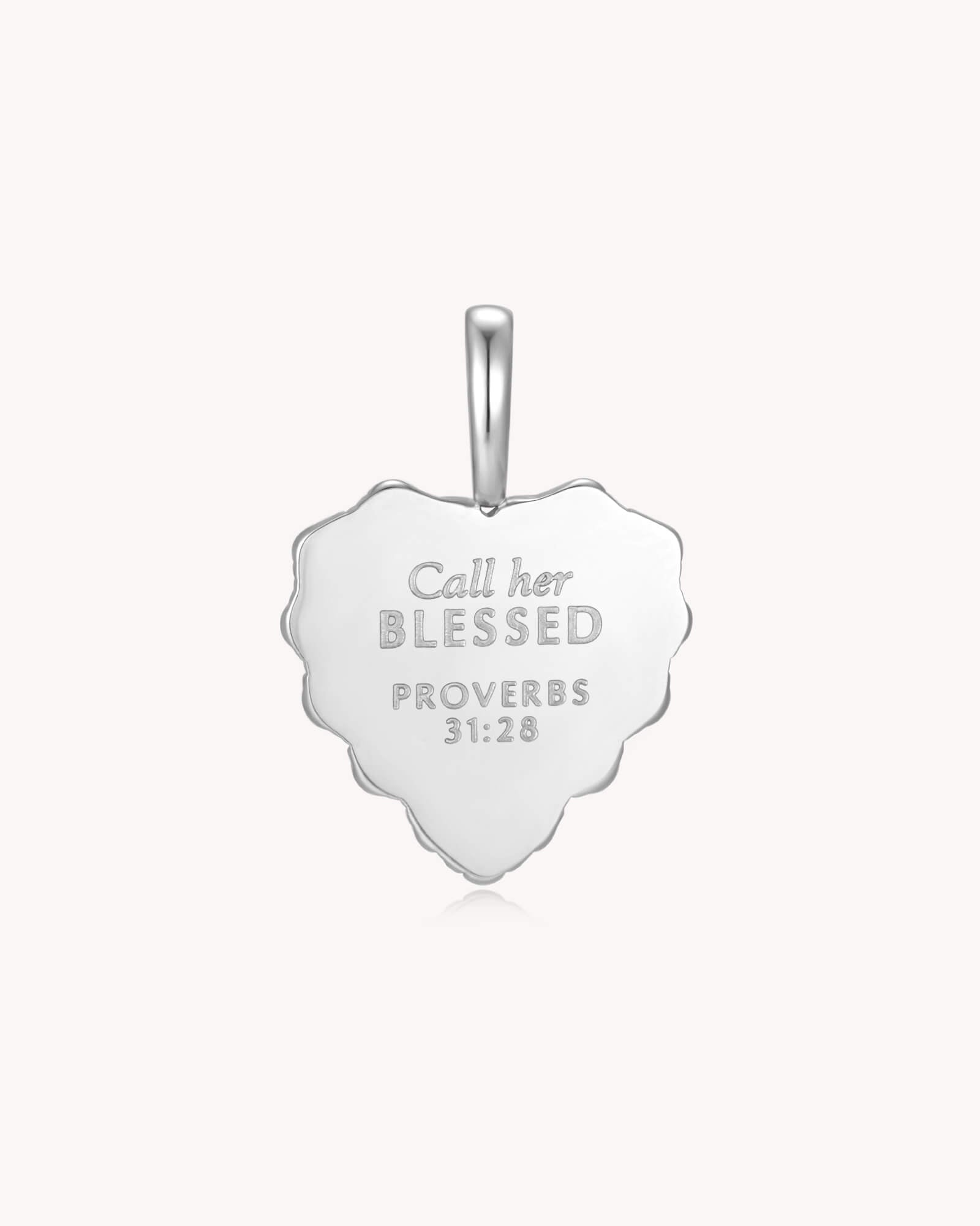 Back of Call Her Blessed Proverbs 31:28 White Gold White Onyx Heart Pendant