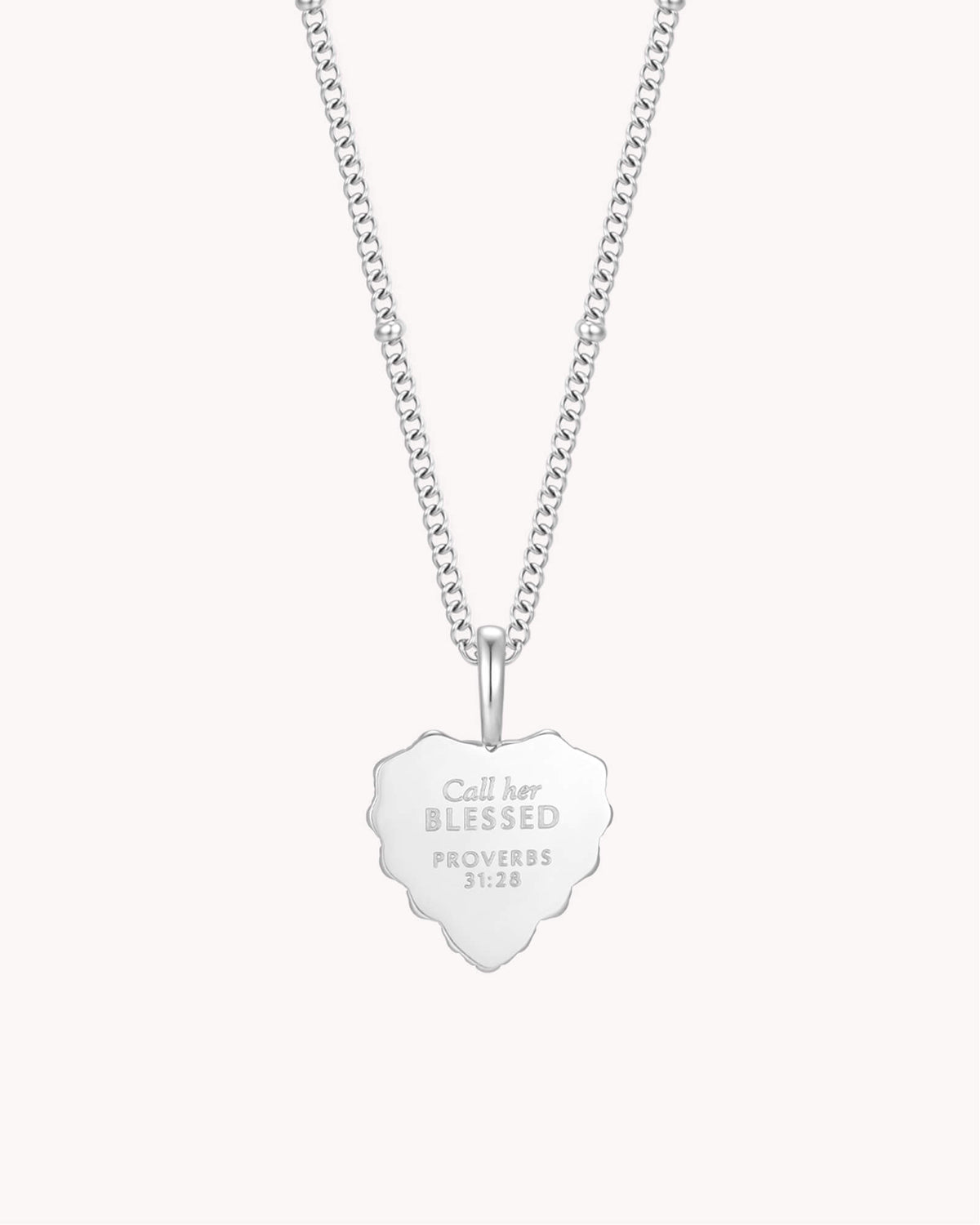 Back of Proverbs 31:28 Call Her Blessed White Gold Heart Necklace