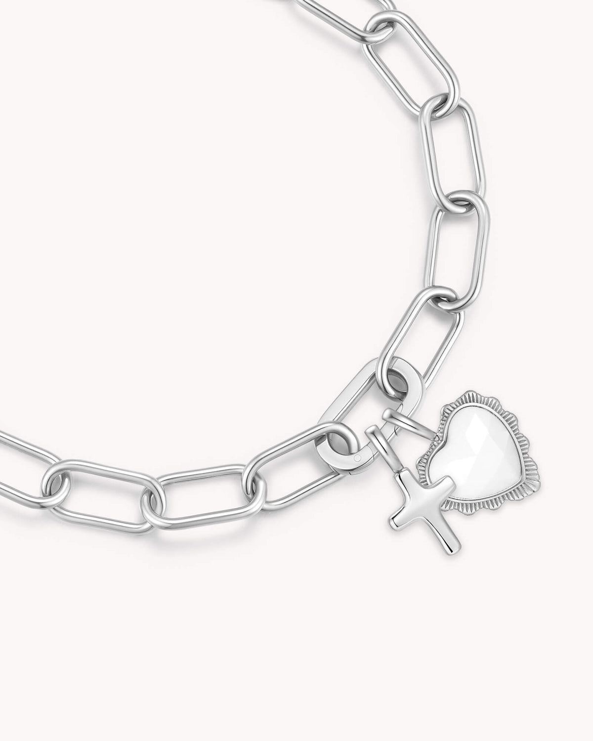 Close up of Proverbs 31:28 White Gold Heart Puff Cross Charm Bracelet