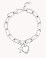 Proverbs 31:28 White Gold Heart Puff Cross Charm Bracelet