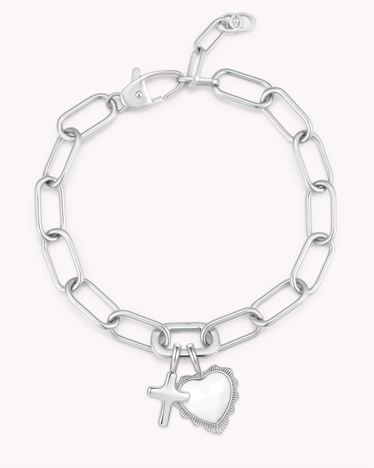 Proverbs 31:28 White Gold Heart Puff Cross Charm Bracelet