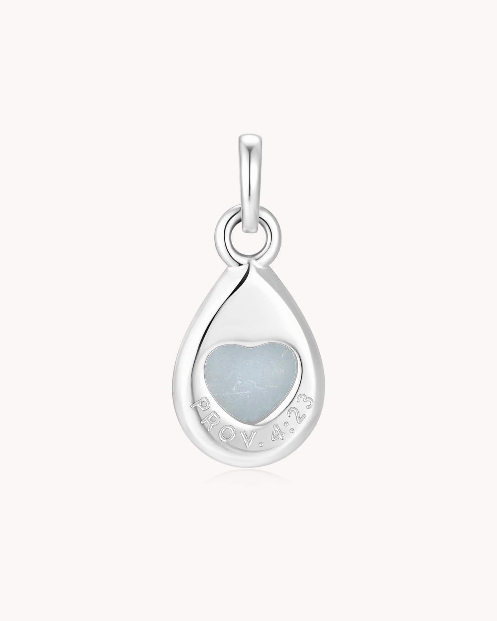Back of Guard Your Heart Proverbs 4:23 White Gold Aquamarine Heart Pendant
