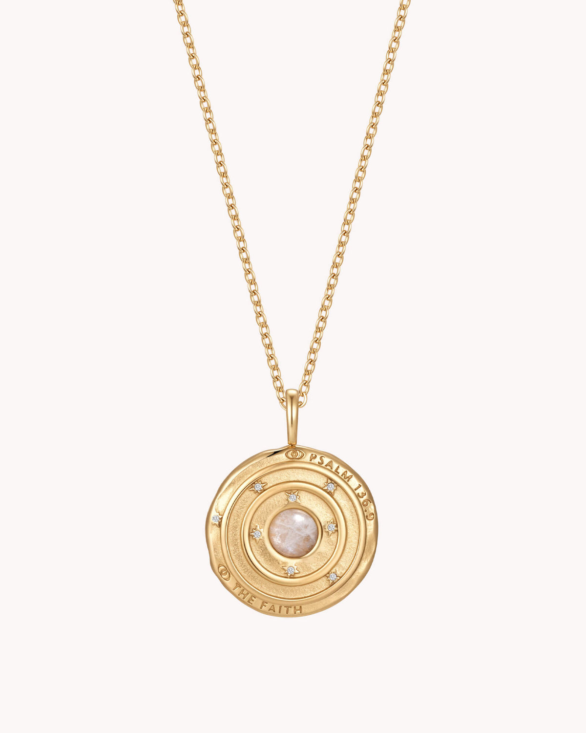 Back of Psalm 136:9 The Moon and Stars Gold Medallion Necklace