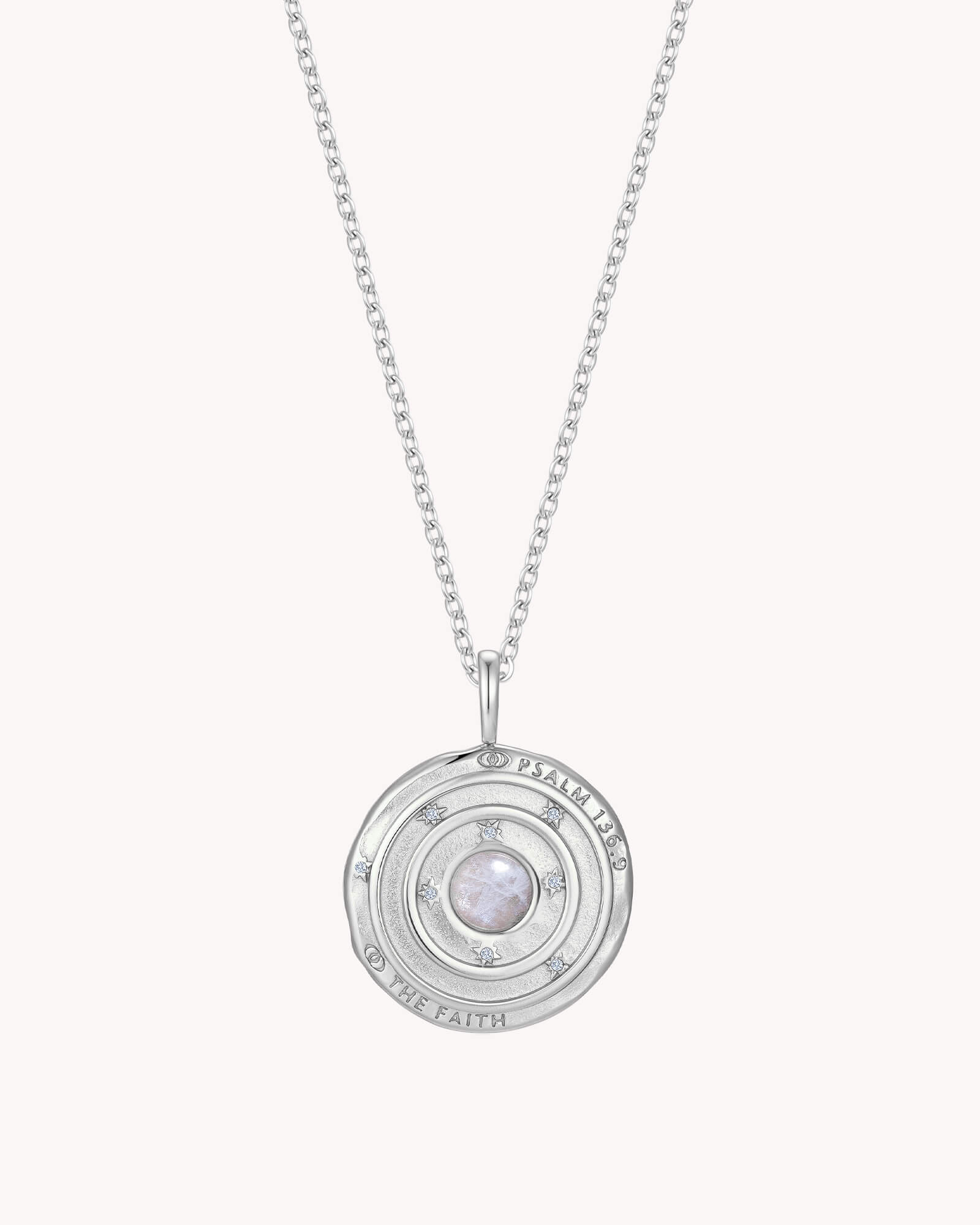 Back of Psalm 136:9 The Moon and Stars White Gold Cable Chain Necklace