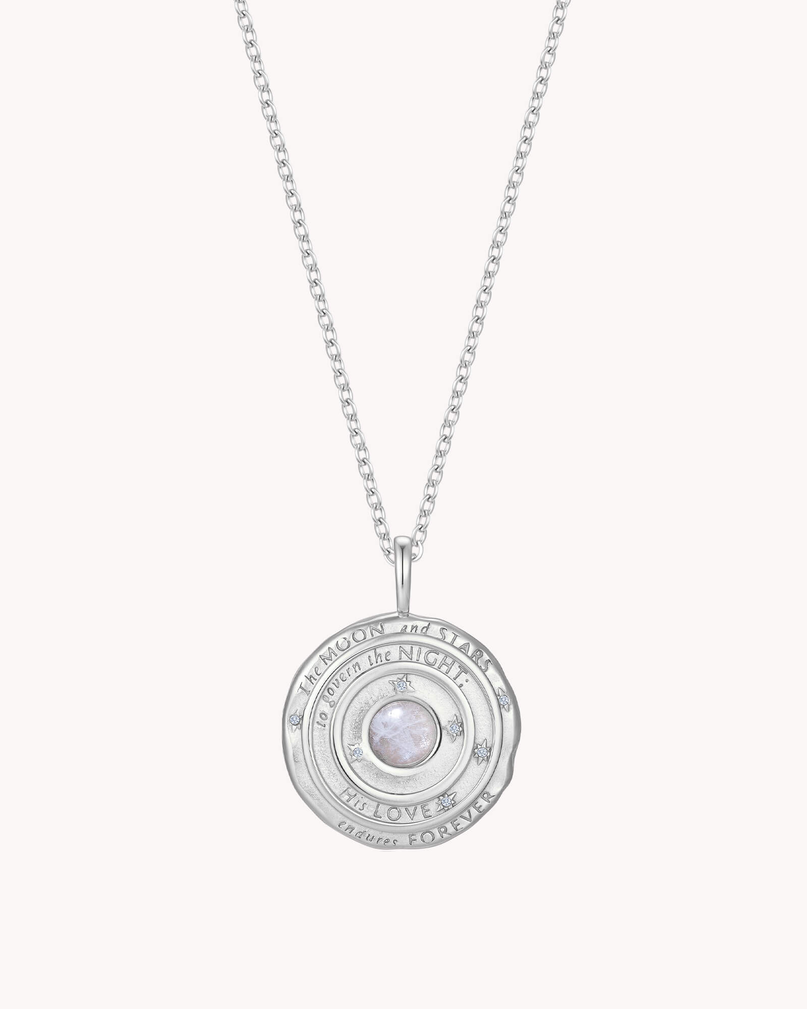 Psalm 136:9 The Moon and Stars White Gold Cable Chain Necklace