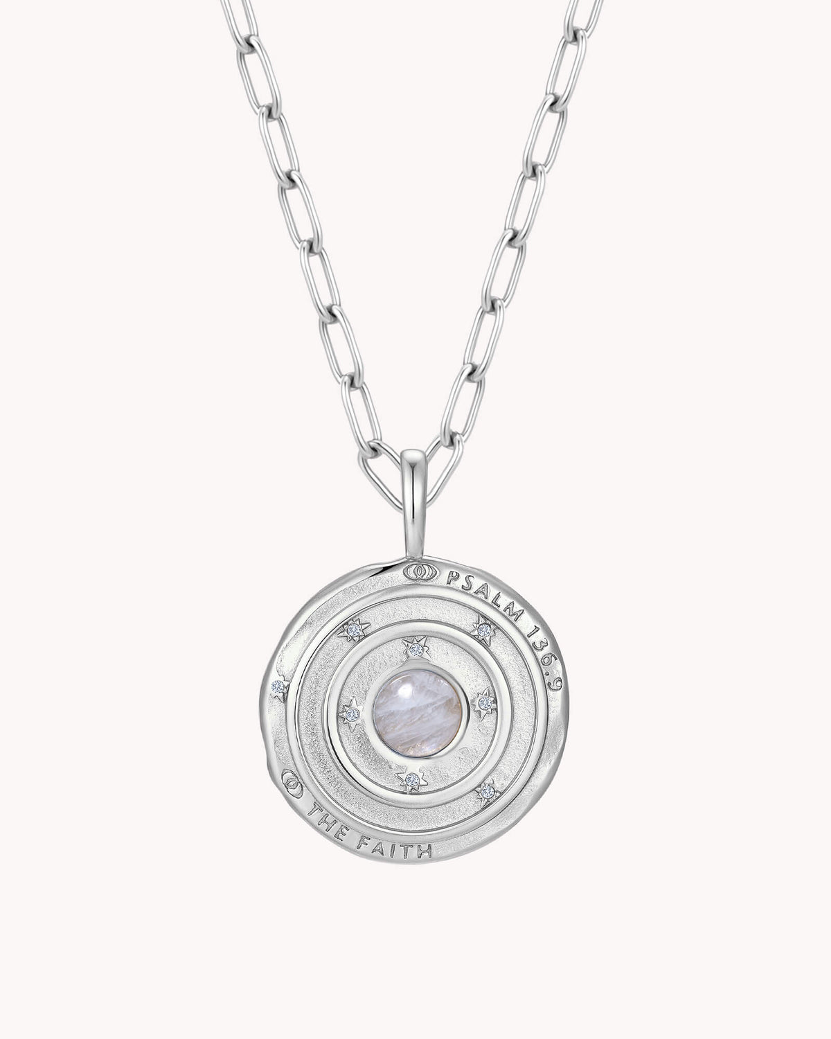 Back of Psalm 136:9 The Moon and Stars White Gold Small Link Chain Necklace