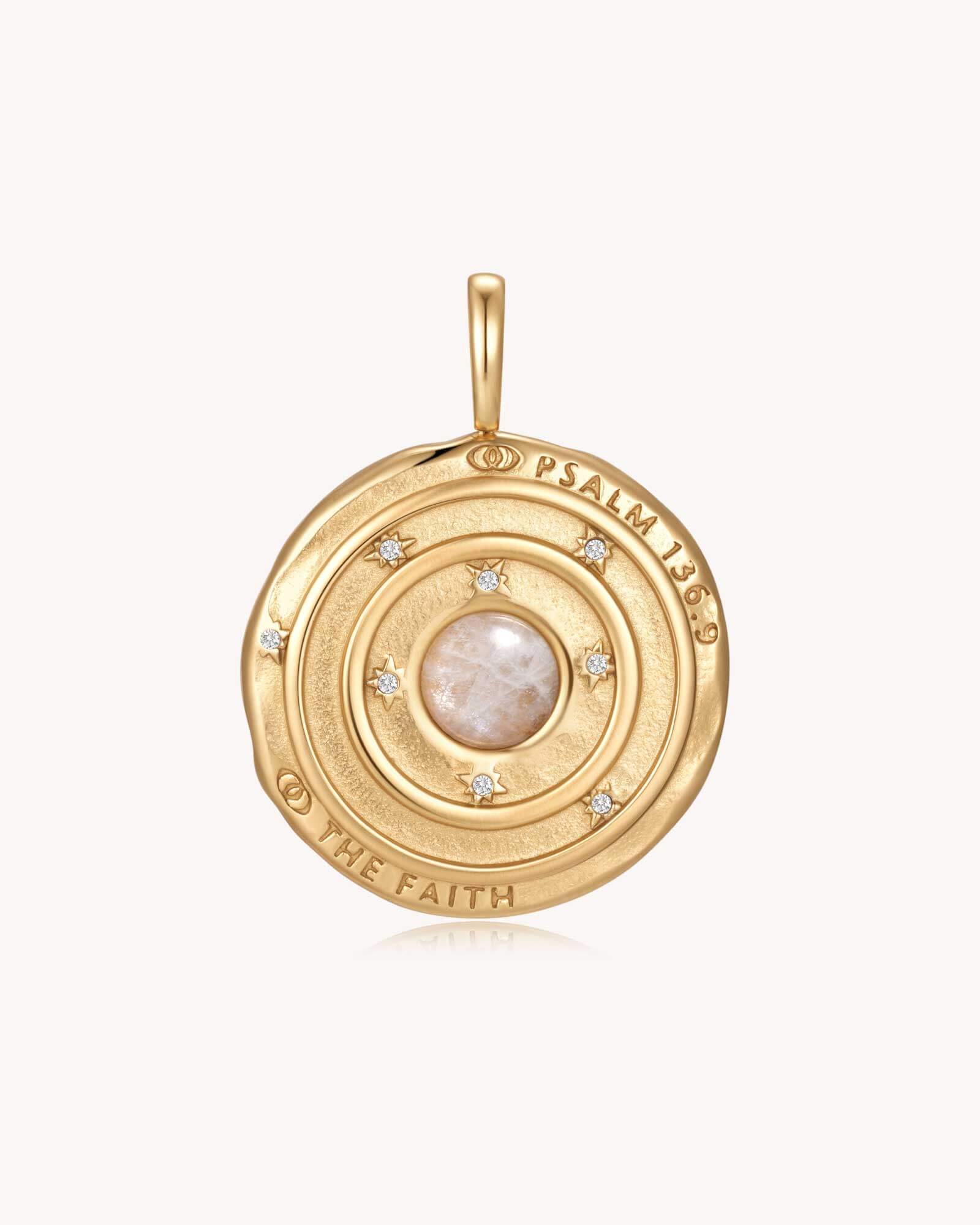 Back of The Moon and Stars Psalm 136:9 Gold Moonstone Medallion