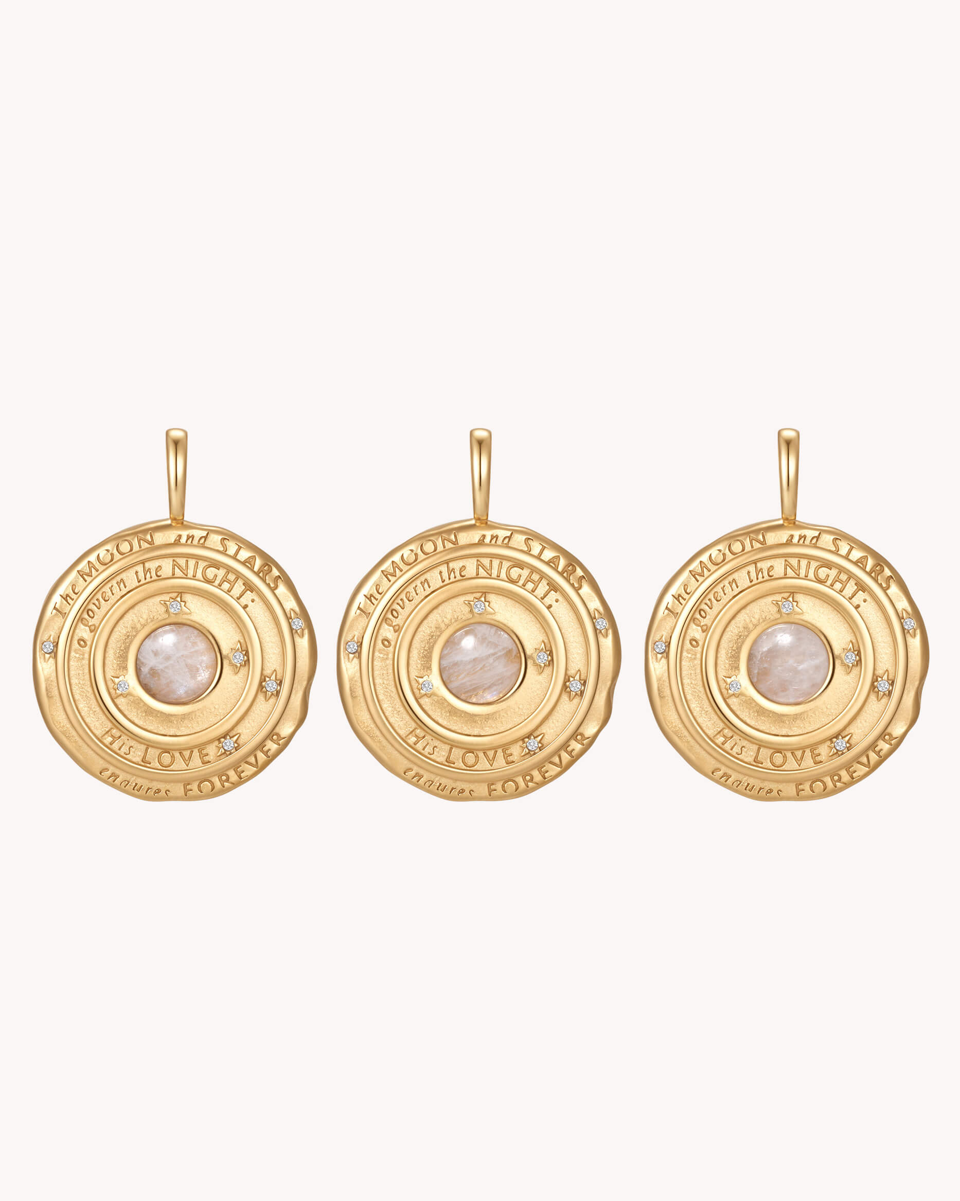 Natural stone variation on The Moon and Stars Psalm 136:9 Gold Moonstone Medallion