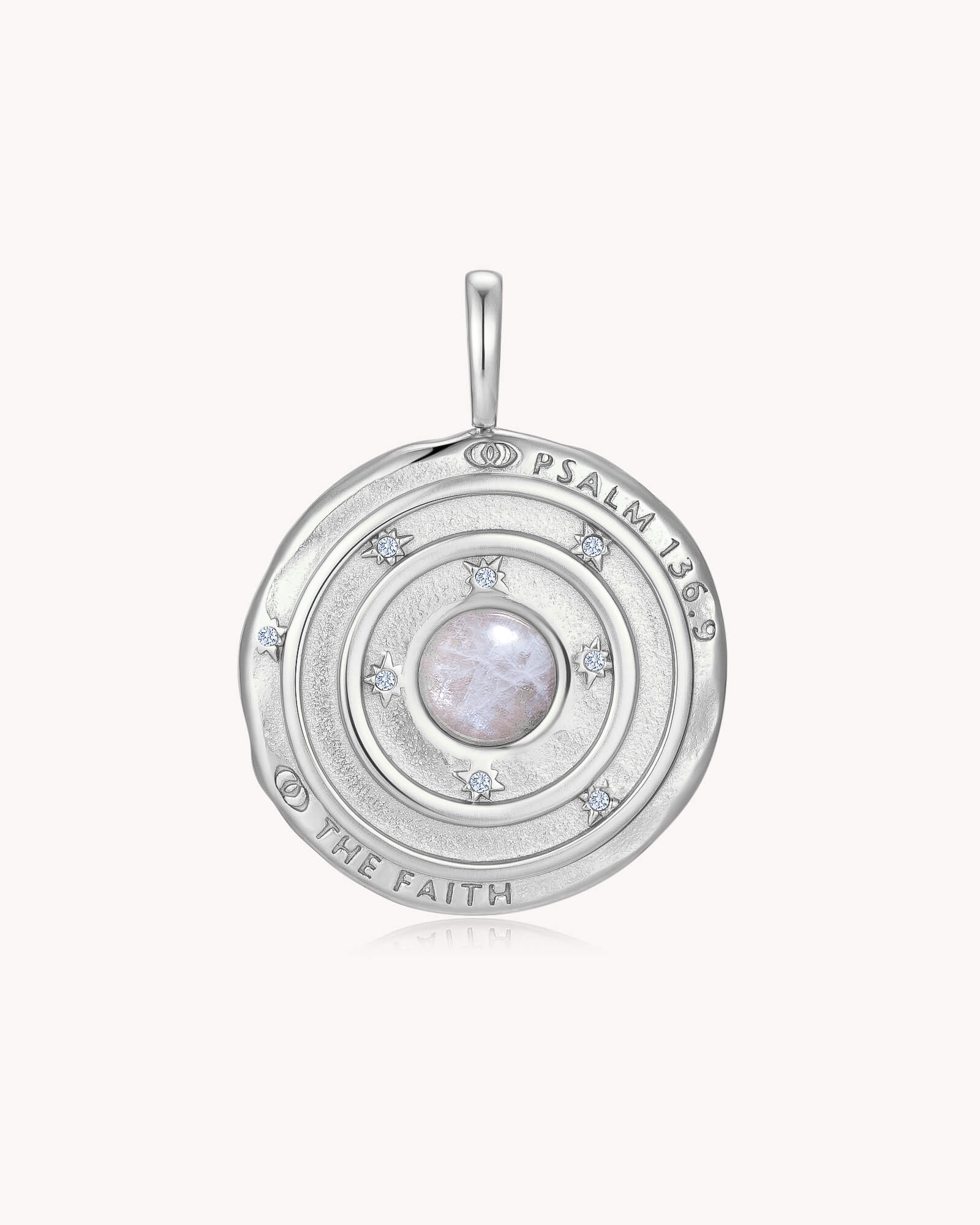 Back of The Moon and Stars Psalm 136:9 White Gold Moonstone Medallion