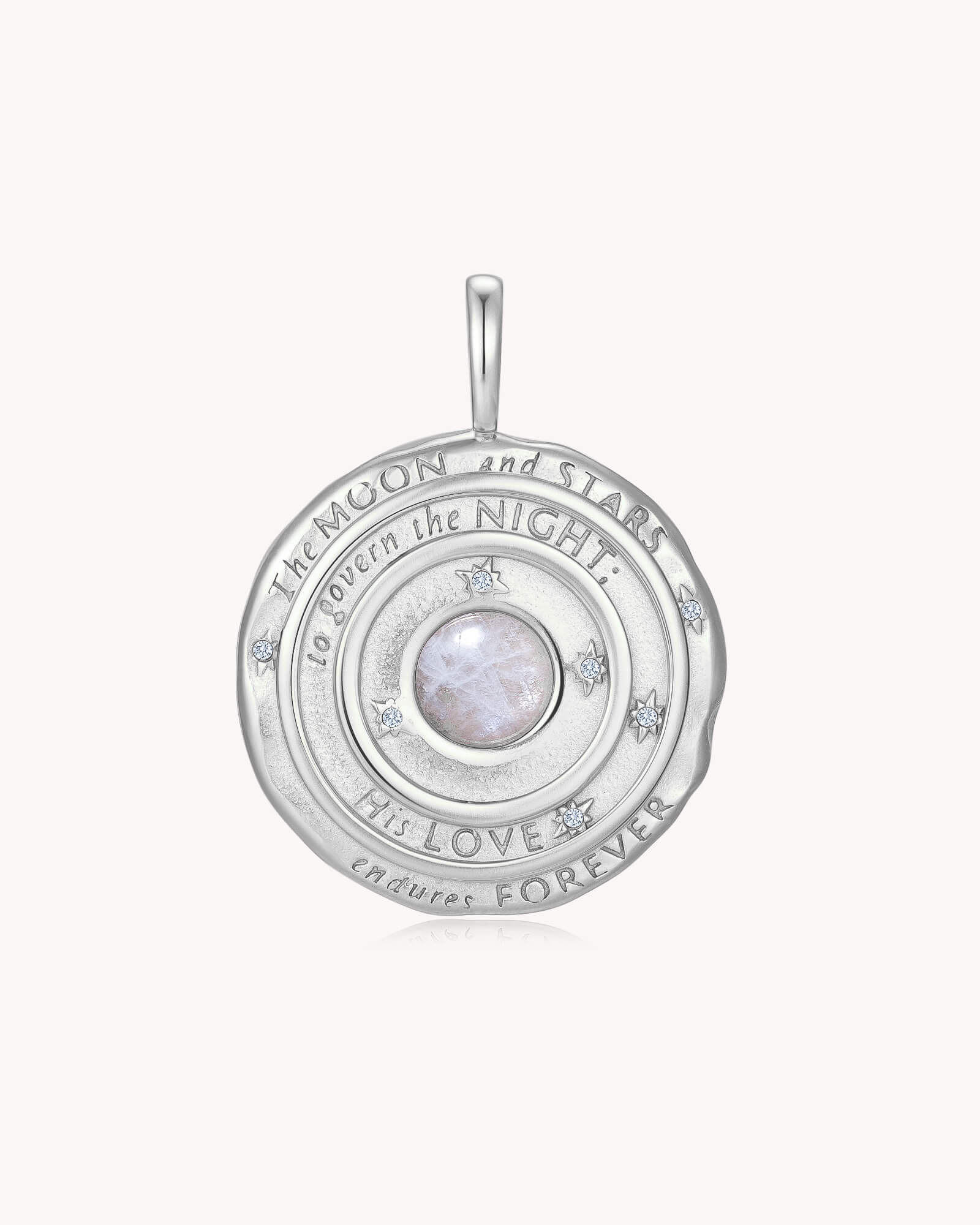 The Moon and Stars Psalm 136:9 White Gold Moonstone Medallion