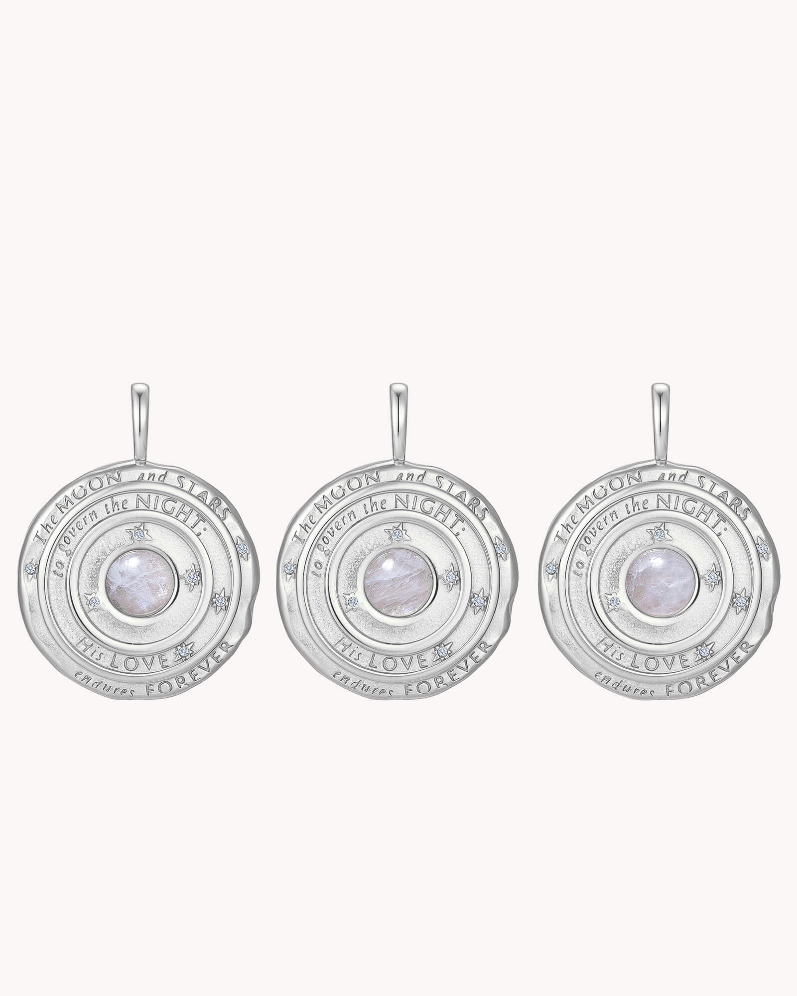 Natural stone variations on The Moon and Stars Psalm 136:9 White Gold Moonstone Medallion