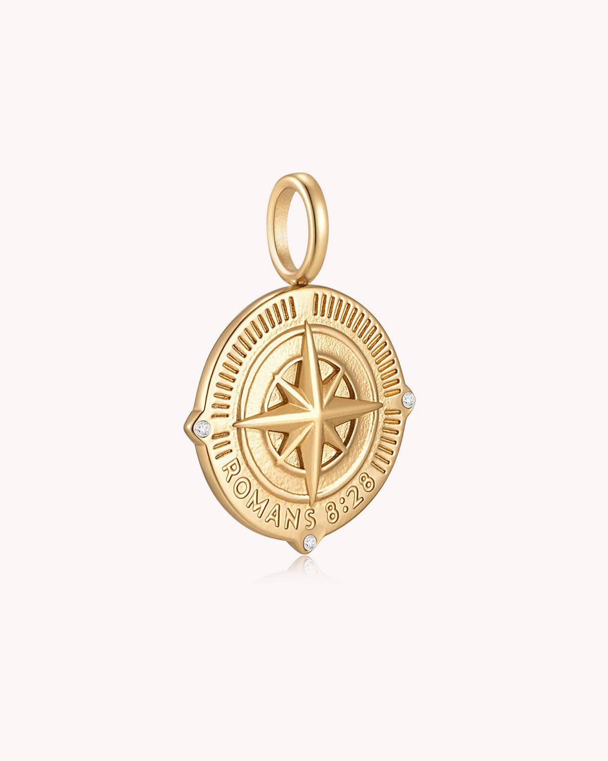 Angled view of Called According to His Purpose Romans 8:28 Gold Pendant