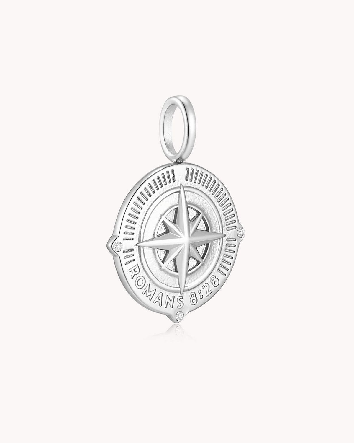 Angled view of Called According to His Purpose Romans 8:28 White Gold Pendant