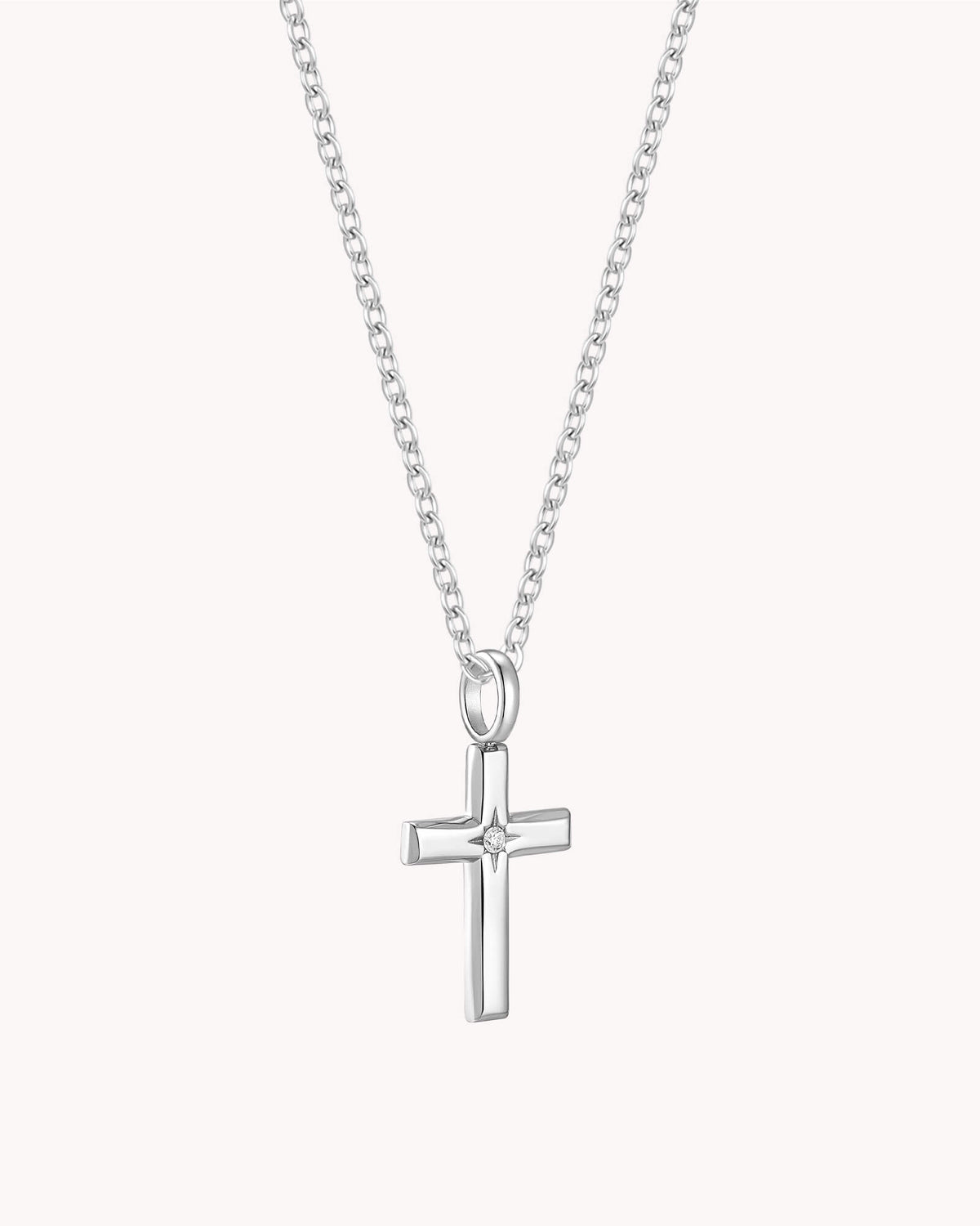 Angled view of White Gold Bright Morning Star Cross Cable Chain Necklace