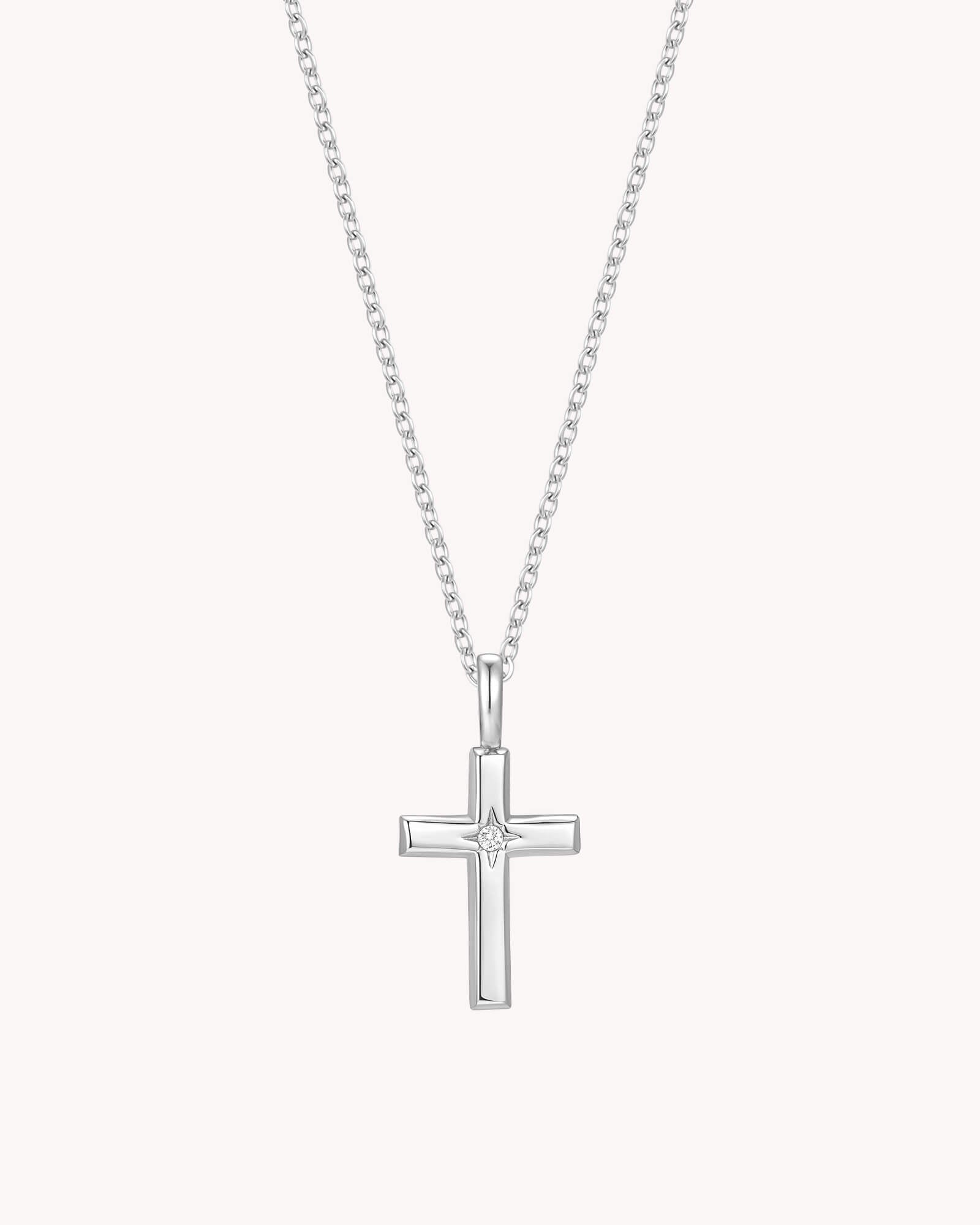White Gold Bright Morning Star Cross Cable Chain Necklace