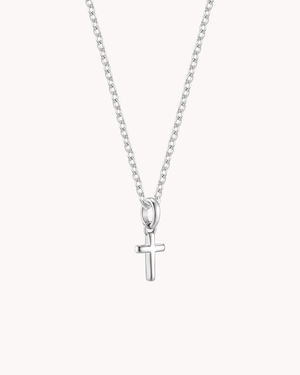 Angled view of White Gold Petite Classic Cross Cable Chain Necklace