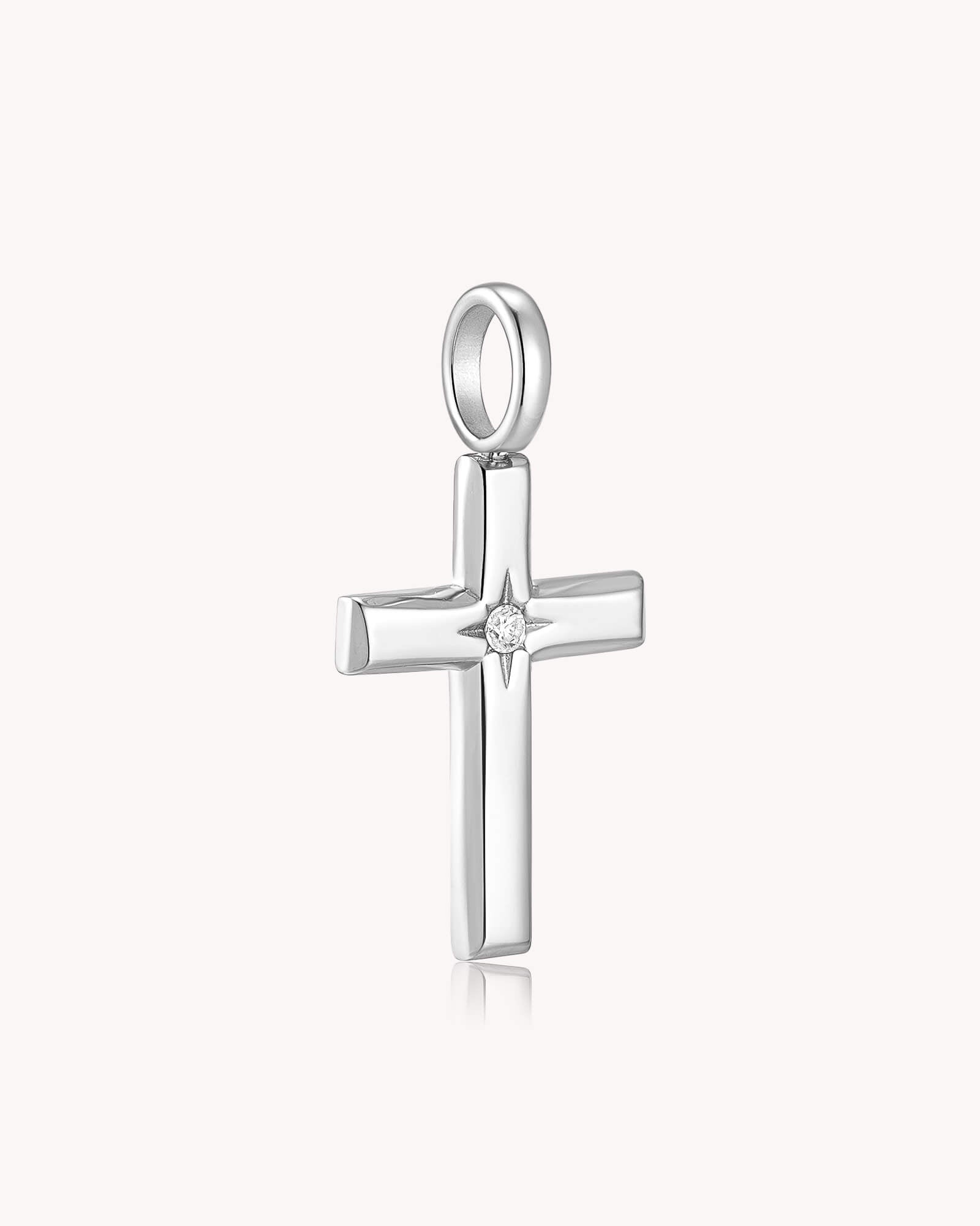 Angled view of The Bright Morning Star White Gold Cross Pendant