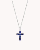 White Gold Mosaic Lapis Lazuli Cross Cable Chain Necklace