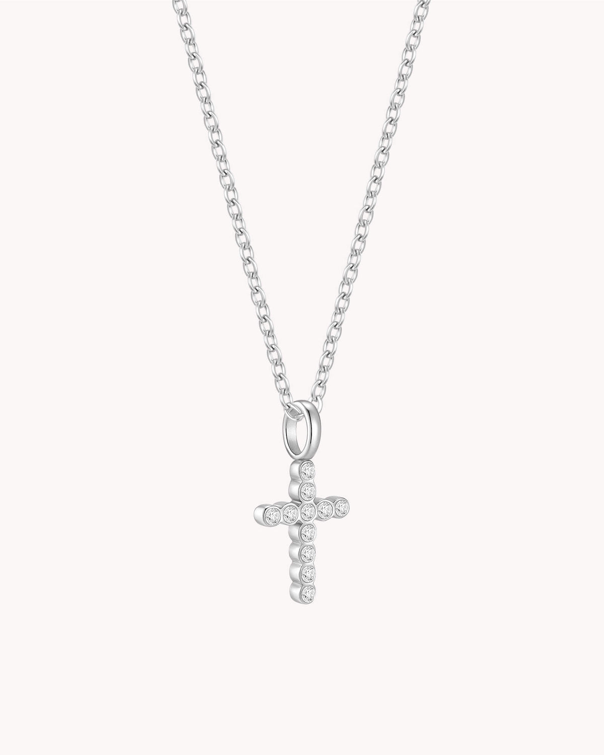 Angled view of White Gold Refined CZ Cross Cable Chain Necklace